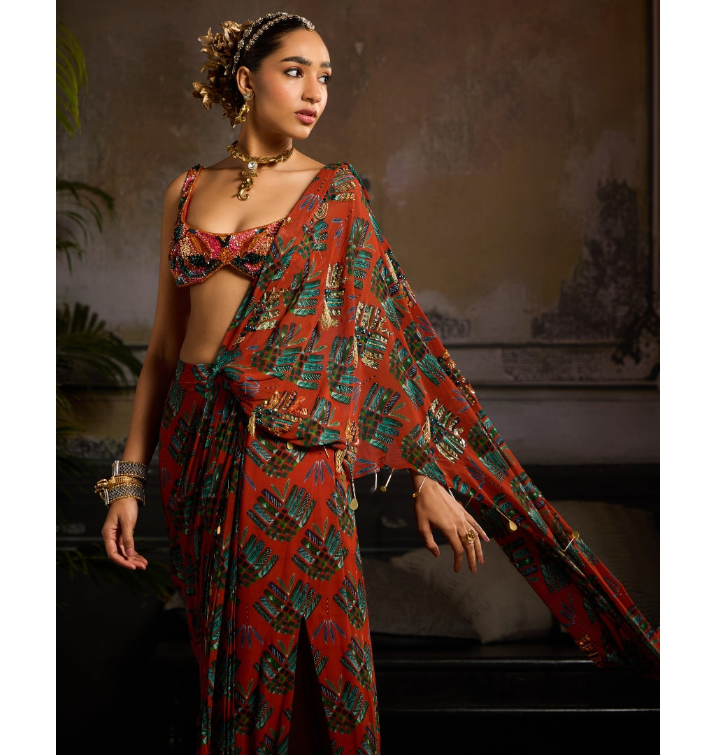 Stylish Autumn Blaze Draped Sari Set for Women | Elegant Indian Ethnic Wear | Perfect for Diwali, Weddings & Festive Occasions