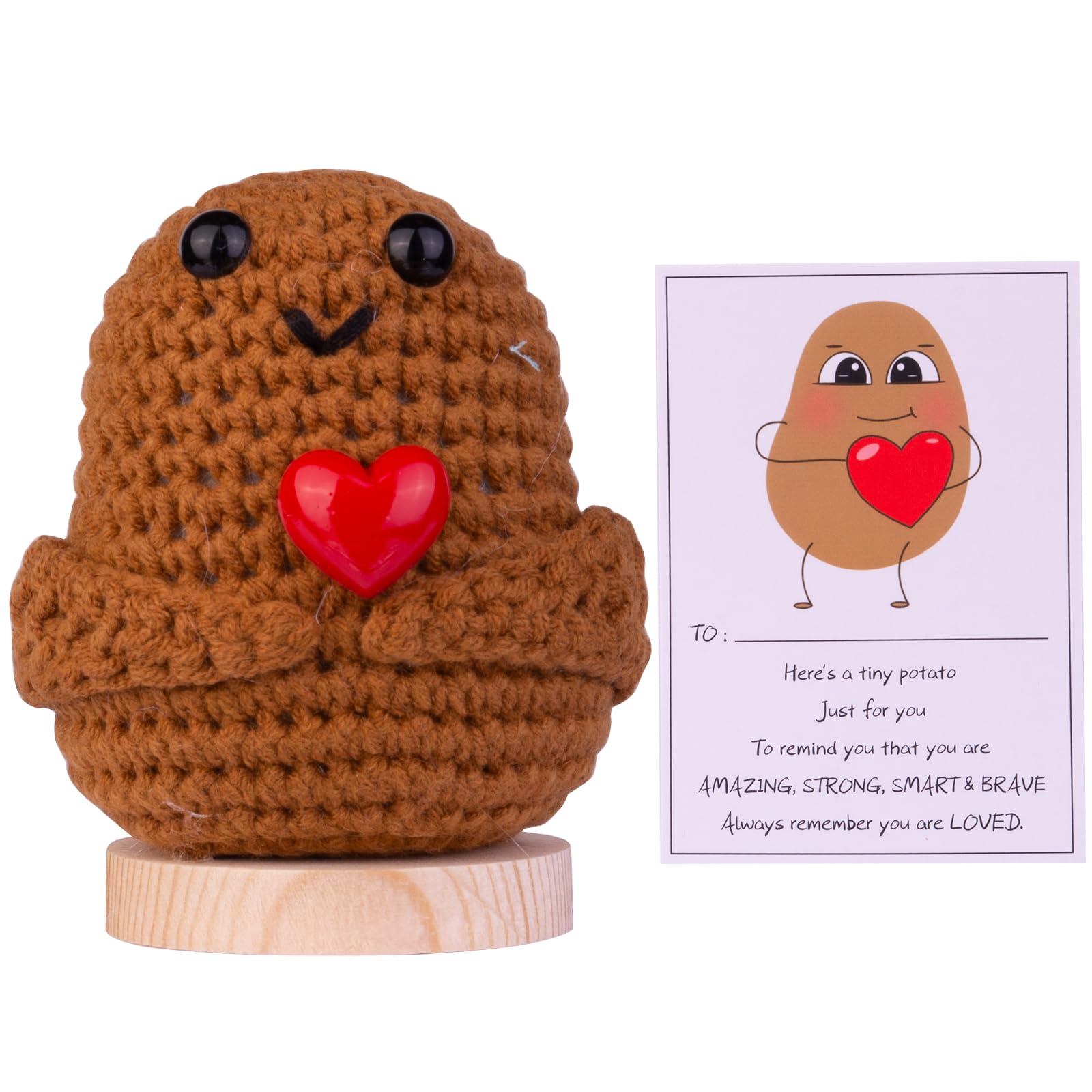 Handmade Crochet Potato Doll - Emotional Support Wool Knitted Gift with Wooden Base for Car, Home & Office Decor (Cute Potato Plushie) - Perfect Stress Relief Companion for Work, Travel and Cozy Home Decor