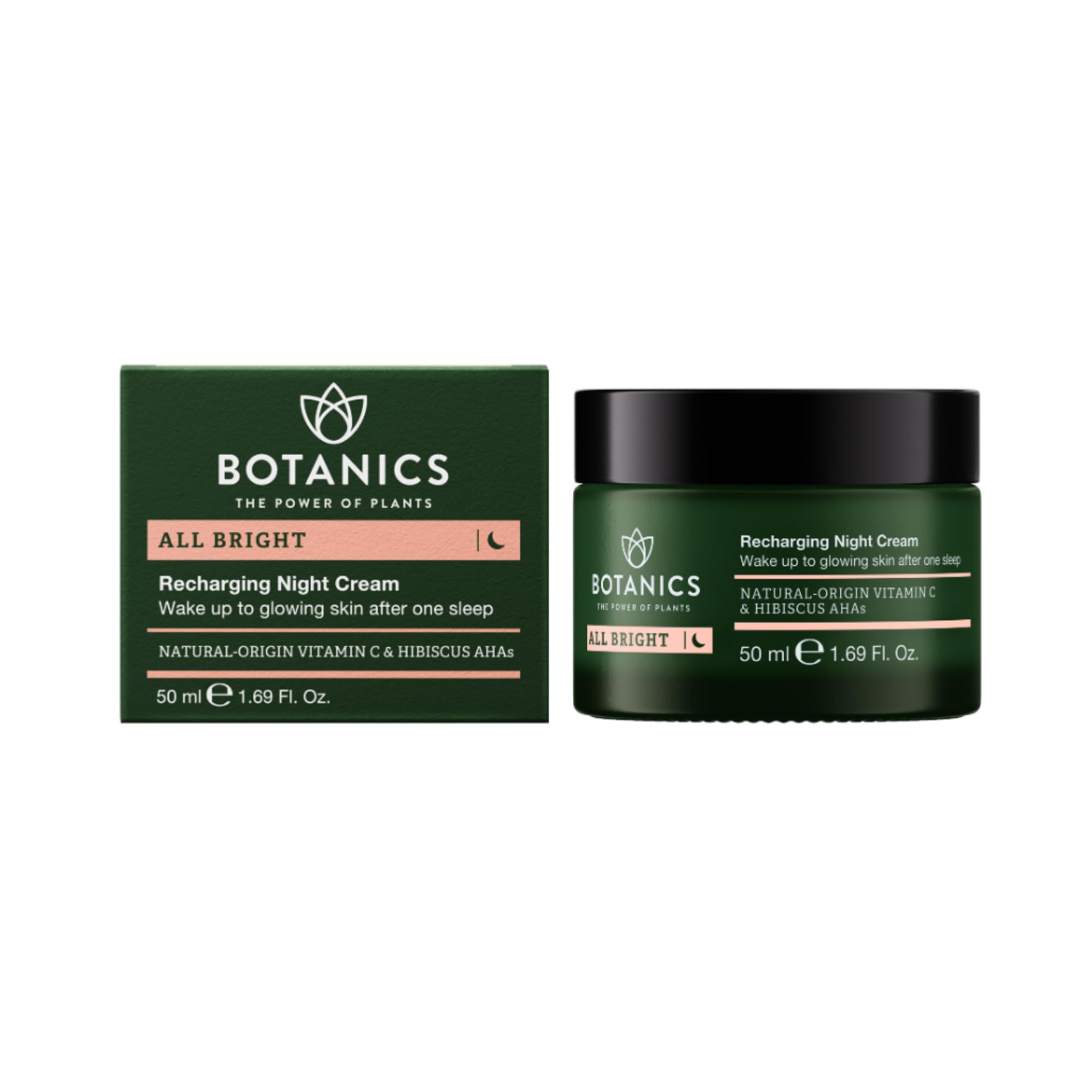 Botanics All Bright Recharging Night Cream with Vitamin C & Hibiscus AHA - Hydrating Face Moisturizer for Glowing Skin - Vegan & Cruelty-Free Night Cream for Women & Men (1.69 Fl Oz) - Perfect for Overnight Skin Repair & Anti-Aging Routine
