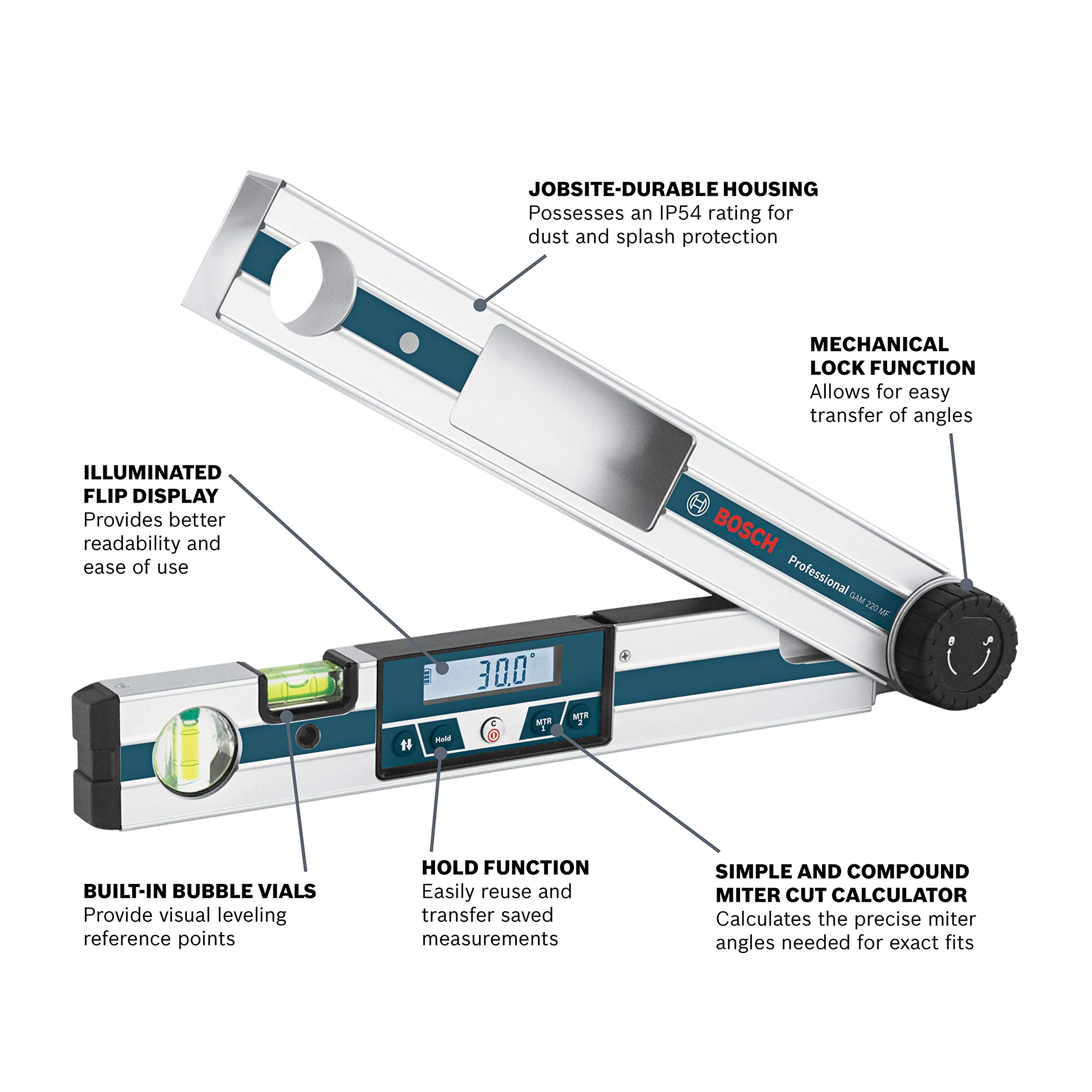 Bosch GAM 220 MF 4-in-1 Digital Angle Finder with Leg Extension - Includes 4 AA Batteries & Carrying Case - Perfect for Woodworking, Metalworking, and DIY Projects