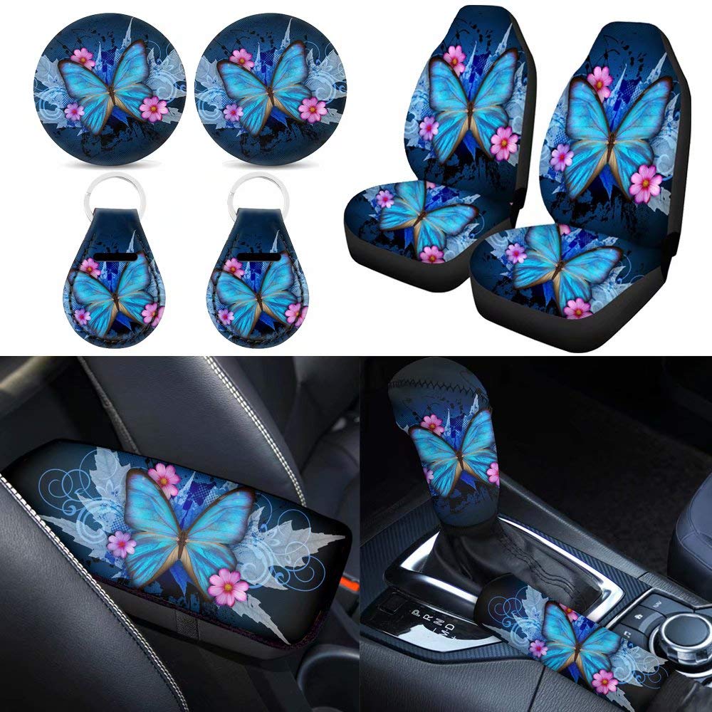 Blue Butterfly Car Interior Set - 9pc Universal Auto Accessories for Stylish Rides
