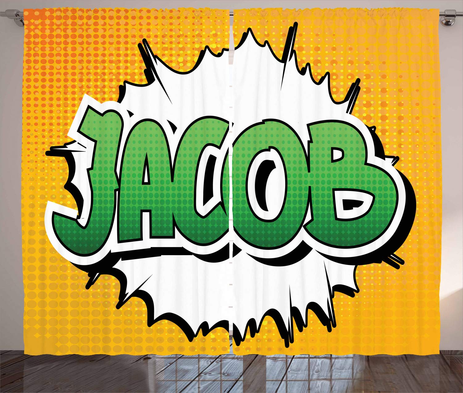Ambesonne Jacob Curtains - Green Comic Burst Effect with Male Name, 2 Panel Set 108
