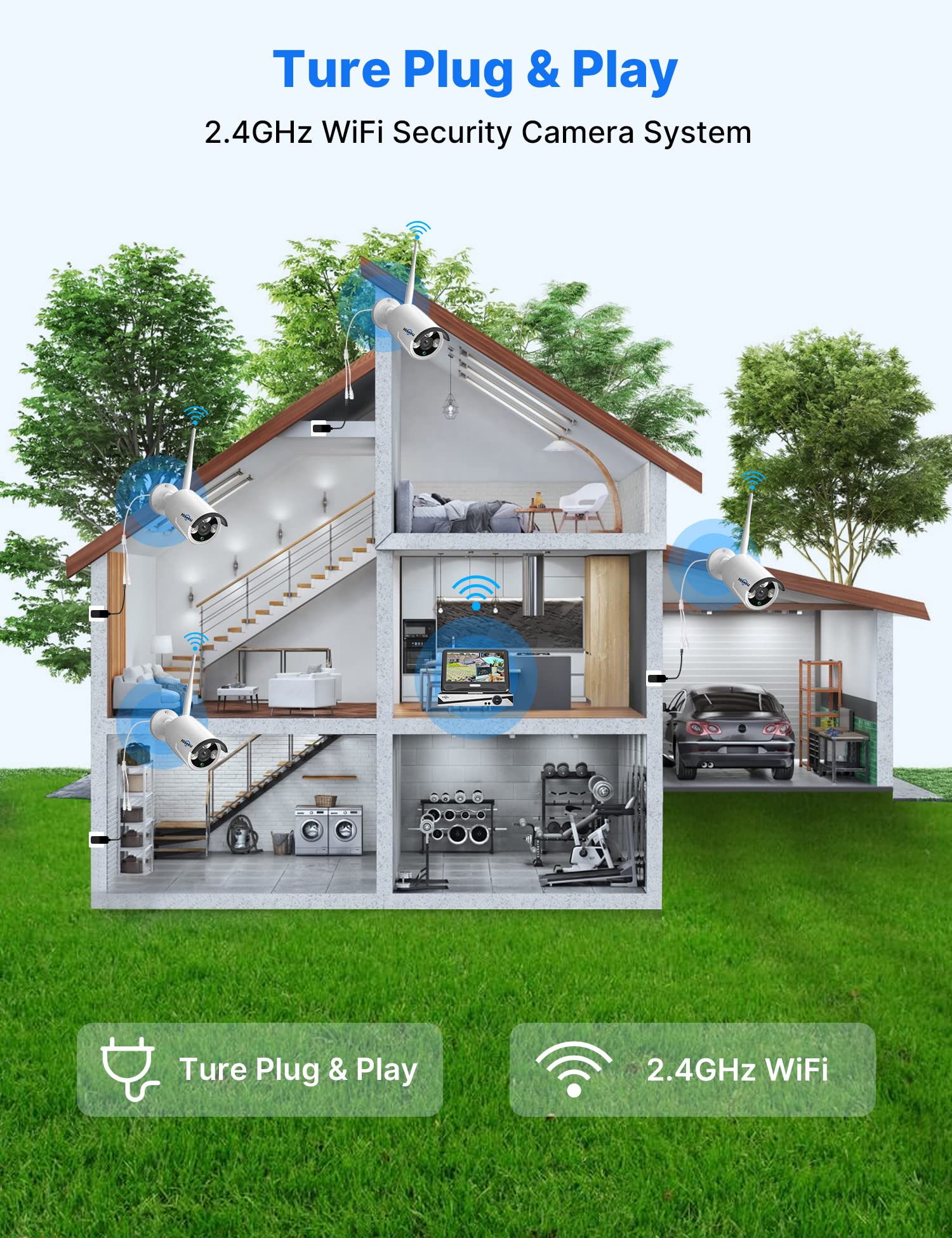 Hiseeu 10CH Expandable Wireless Security Camera System with 10in LCD 4K Monitor - 4 Pack 5MP Indoor/Outdoor Cameras, One-Way Audio, Waterproof, Motion Detection, 1TB HDD & Cloud Storage, Alexa Compatible - Ideal for Home Security, Business Surveillance, and Property Monitoring