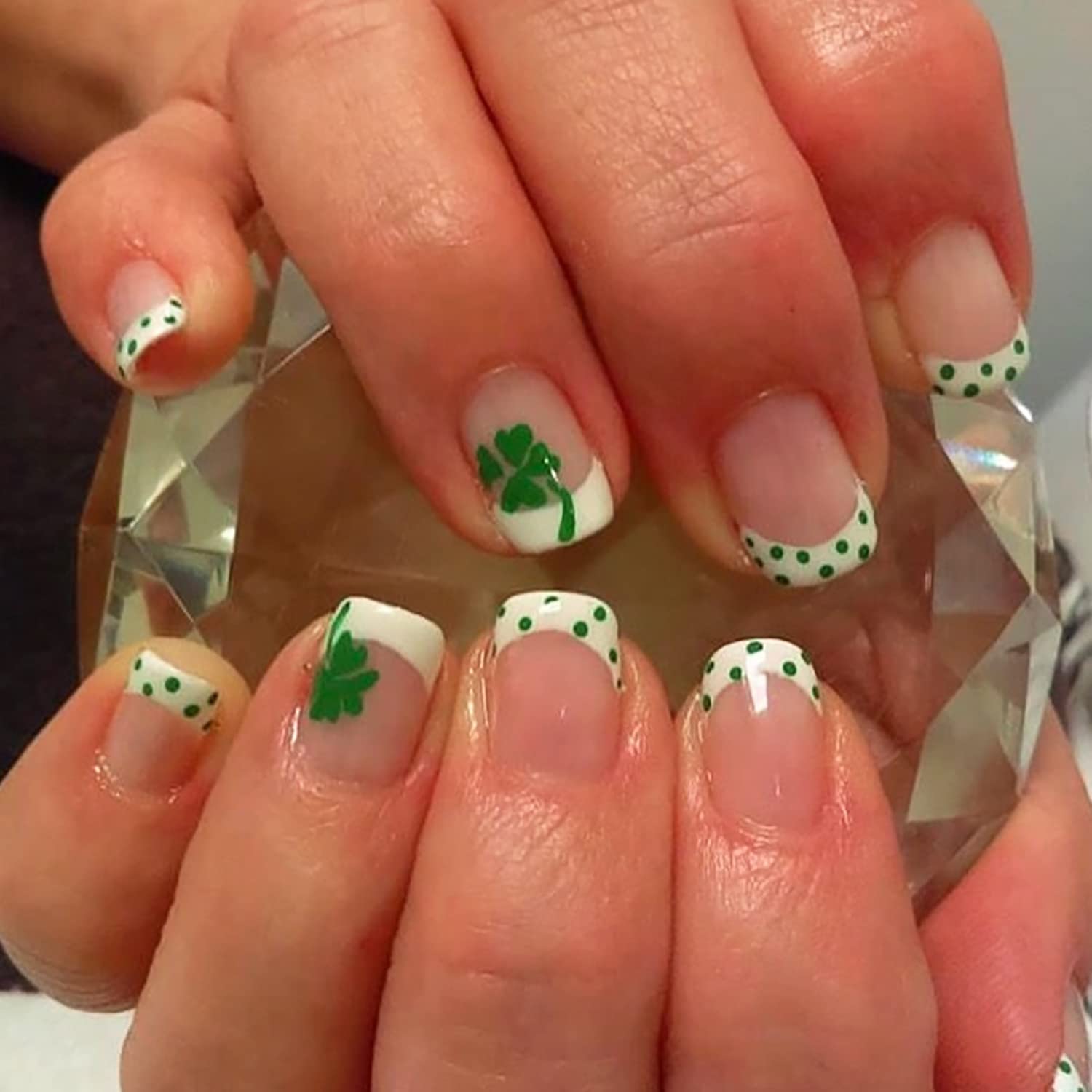 St. Patrick's Day Press on Nails - Short French Tip Fake Nails with Shamrock Designs | Green Acrylic Artificial Nails for Women & Girls | Perfect for St. Patrick's Day Parties, Nail Art Decorations & March 17th Celebrations