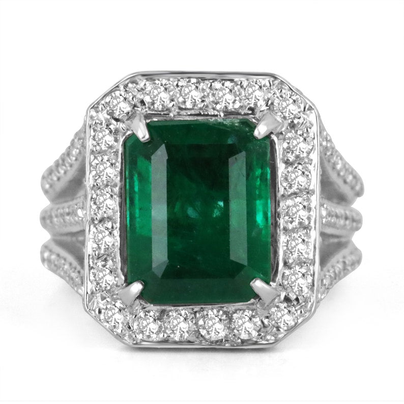 6.25tcw Genuine Dark Green Emerald & Diamond Halo Engagement Ring for Women - Perfect for Weddings, Proposals & Special Occasions