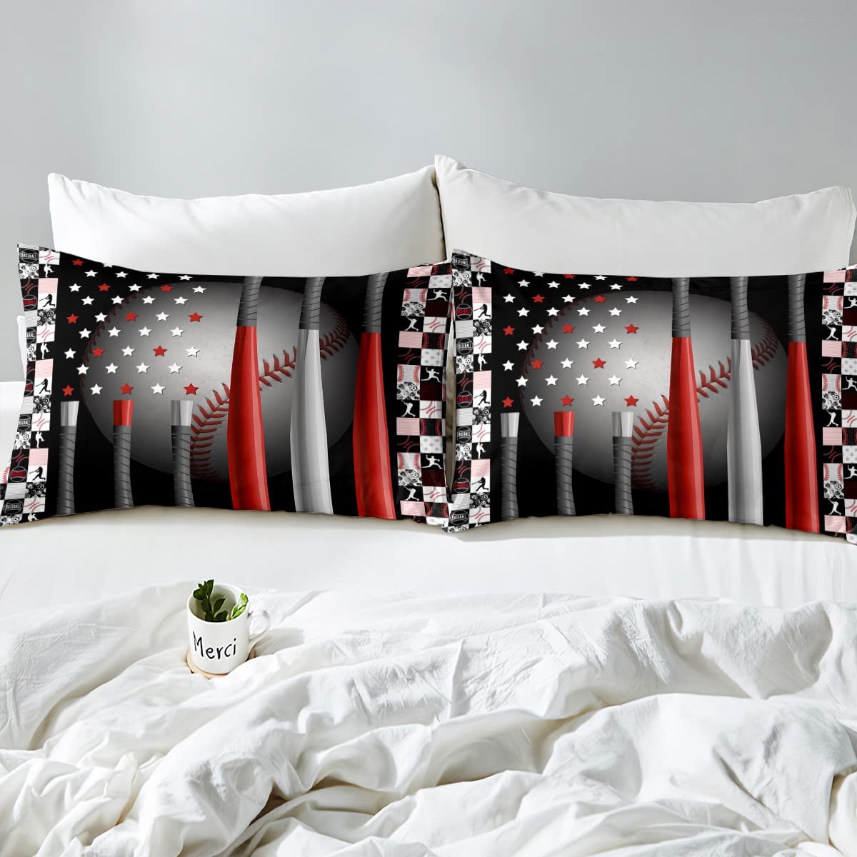 Boys Baseball Fitted Queen Sheet Set - 3PC American Flag Sports Bedding with 2 Pillowcases | Soft Red & Black Softball Themed Bed Cover | Super Soft Game Day Decor for Kids & Teens Bedroom