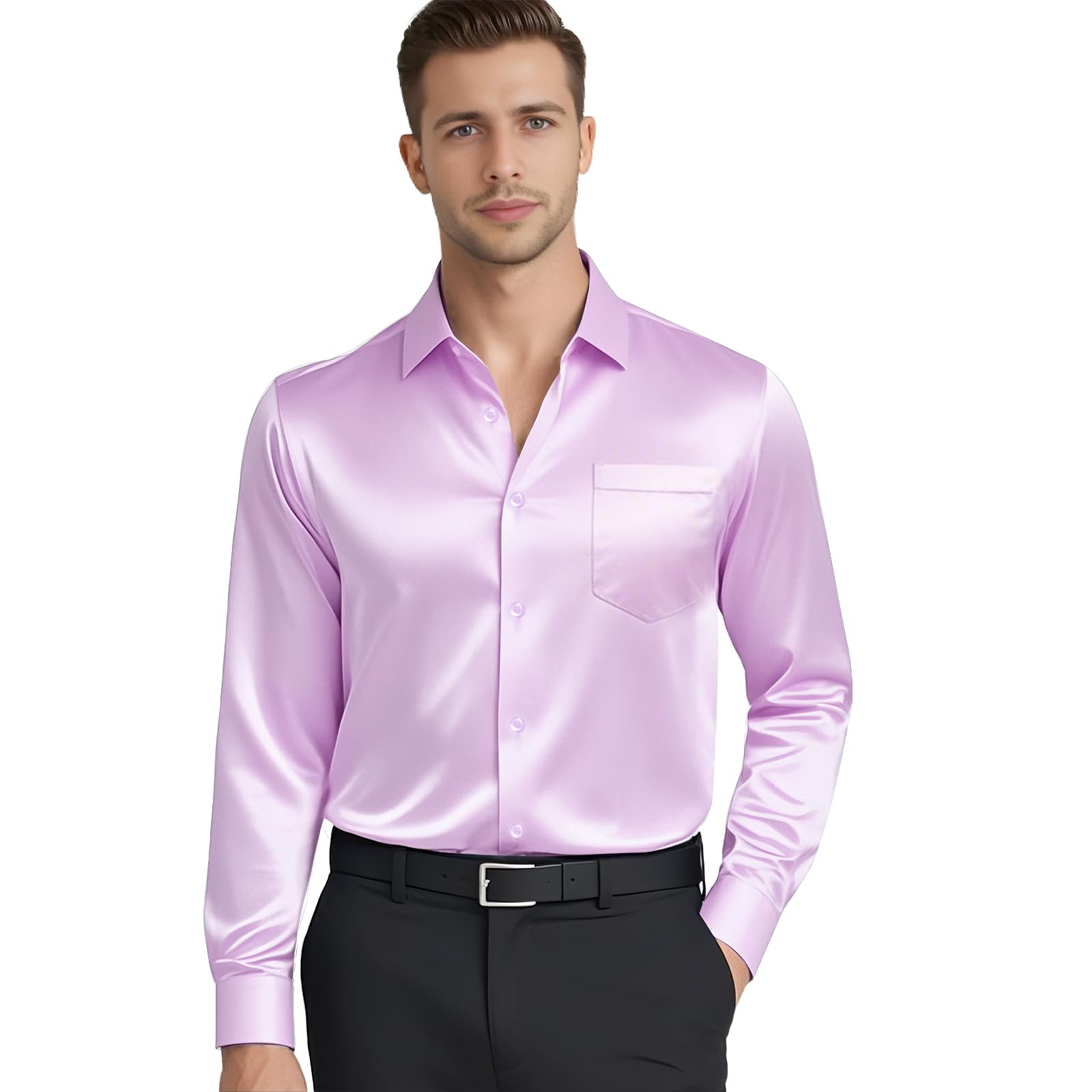 Men's Satin Shiny Long Sleeve Button Down Dress Shirt - Solid Color Regular Fit Formal Shirt with Pocket for Wedding, Party & Business Occasions | Office Wear, Date Night & Special Events Attire