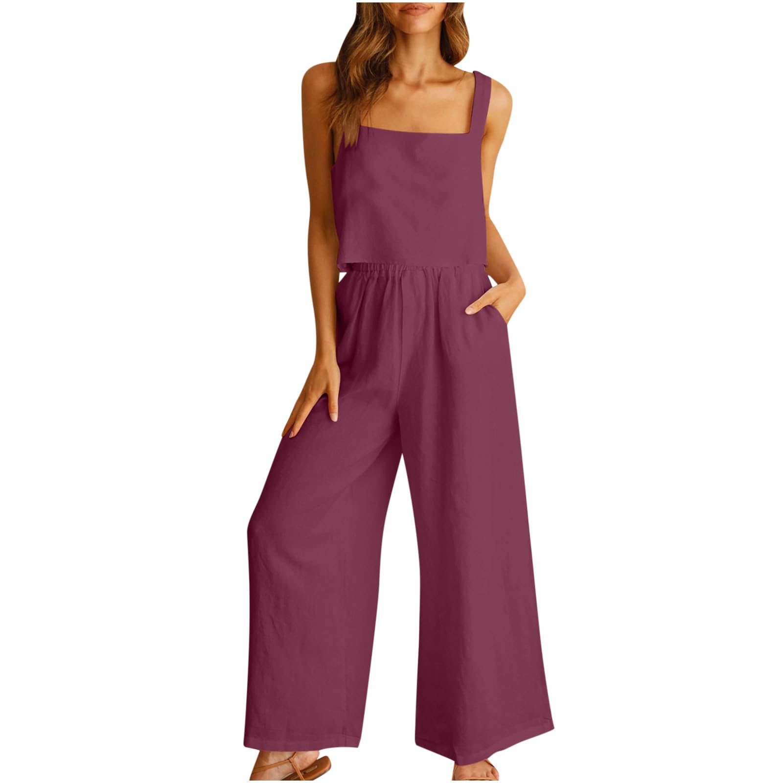 Women's Summer 2-Piece Outfit Set - Sleeveless Cotton Linen Tank Top & Wide Leg Pants | Casual Comfort Outfit for Beach, Vacation & Everyday Wear