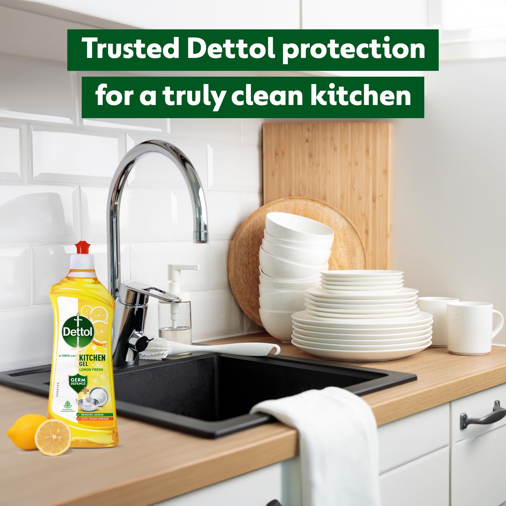 Dettol Lemon Fresh Dishwashing Liquid & Cleaning Gel - 750ml Bottle | Cuts Tough Grease & Kills Germs | Perfect for Kitchen Cleaning, Dishwashing & Sanitizing Surfaces