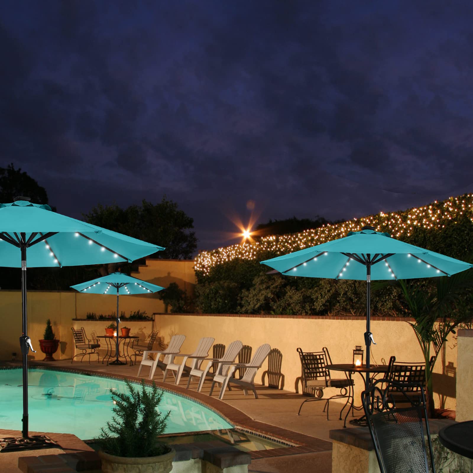 MASTERCANOPY 11ft Turquoise Patio Umbrella with 32 Solar LED Lights - 8 Ribs for Outdoor Dining, Poolside Relaxation & Backyard Parties | Weather-Resistant & Durable Garden Shade Solution