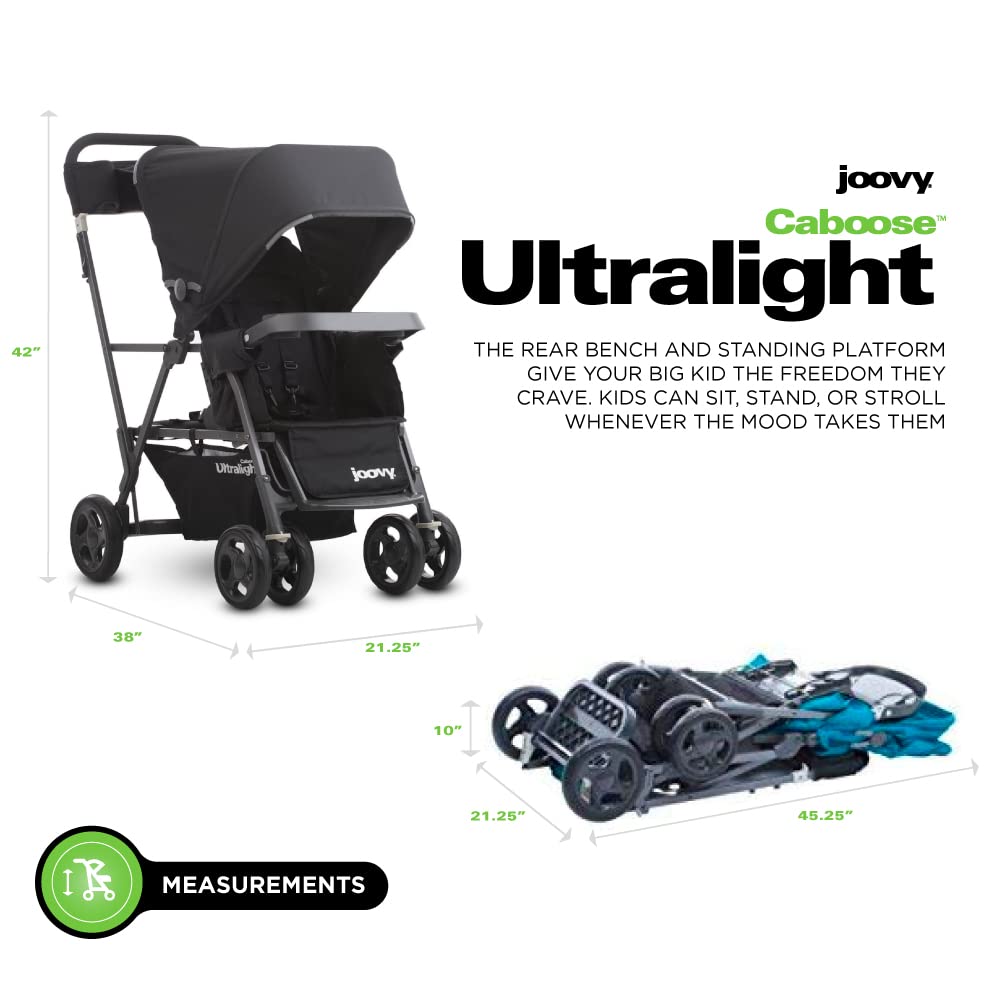 Joovy Caboose Ultralight Graphite Stroller - Sit and Stand Tandem Double Stroller in Black | Perfect for Siblings, Twins & Urban Adventures