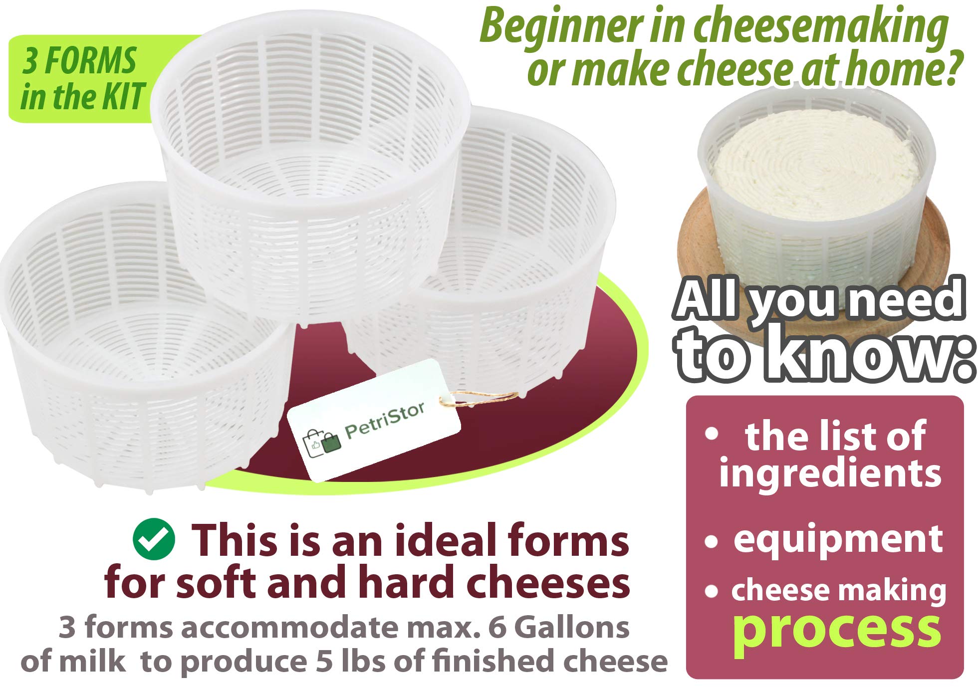 PetriStor 3-Piece Soft Cheese Mold Set for Homemade Cheese Making - 1.25QT Medium Cheese Basket Mold - Cream Cheese & Queso Fresco Form - Perfect for DIY Artisan Cheesemaking at Home