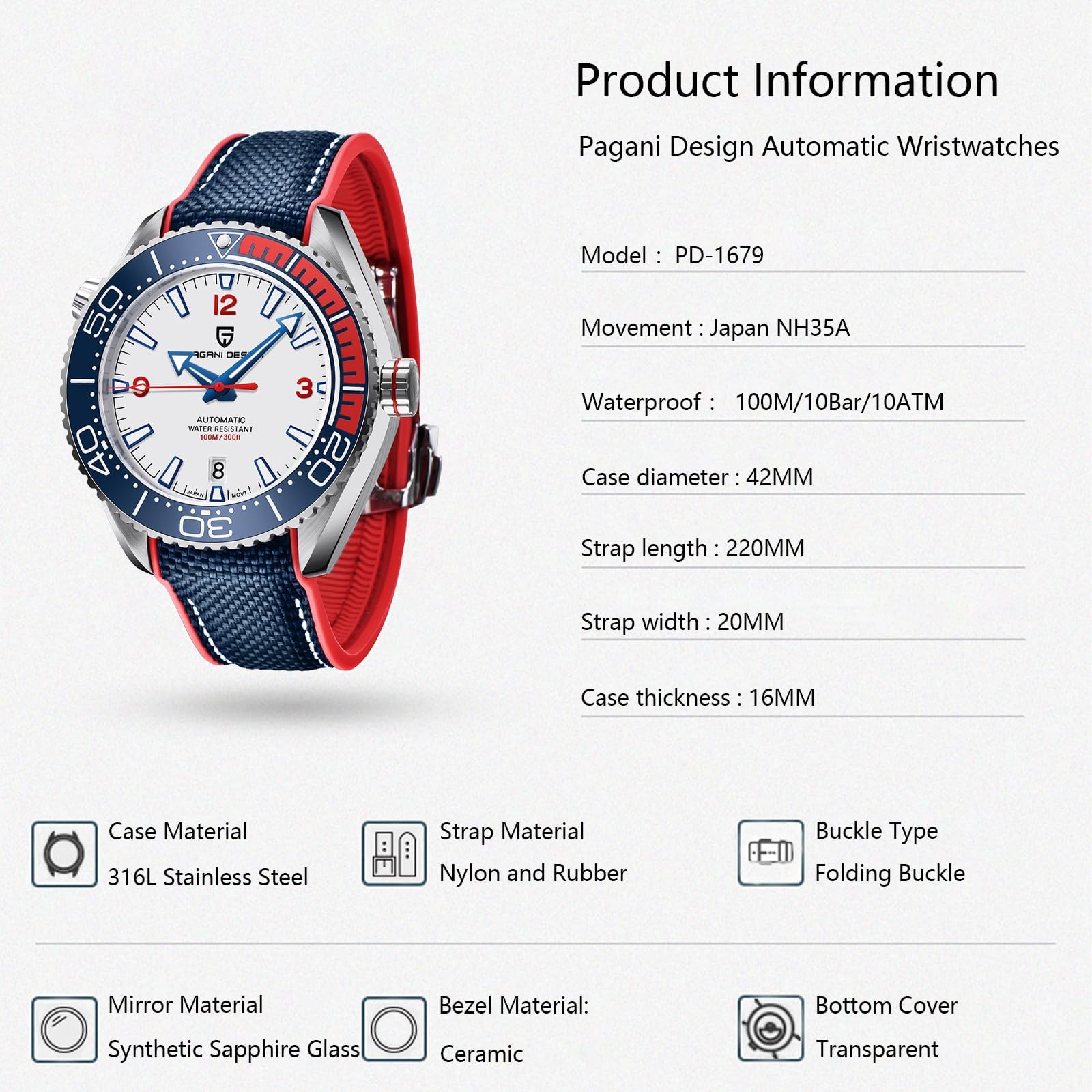 Pagani Design Men's Automatic Mechanical Sports Diving Watch with NH35 Movement - Waterproof Chronograph Wristwatch for Men - Perfect for Swimming, Diving & Outdoor Adventures