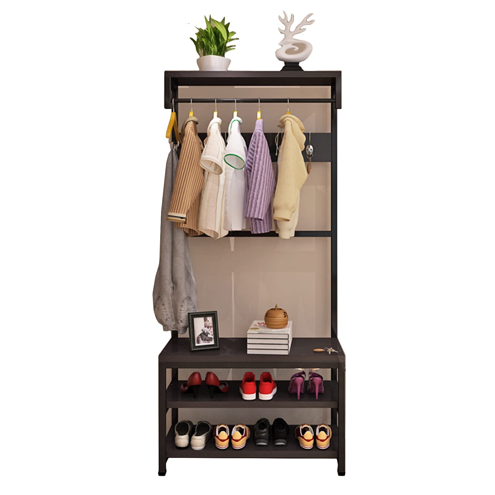 3-in-1 Coat Rack with 5 Hooks - Space Saving Entryway Organizer for Clothes, Shoes & Hats