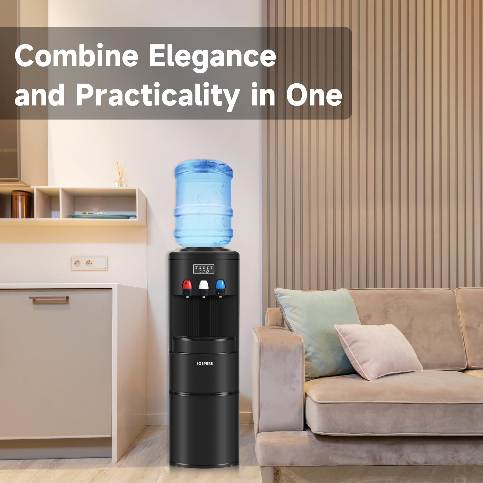 ICEPURE 3-in-1 Countertop Water Dispenser with Ice Maker - 26.5lbs/24H Bullet Ice Machine, Hot & Cold Water Cooler for 3-5 Gallon Bottles, Child Safety Lock, Black - Perfect for Home, Office, Kitchen, and Party Use