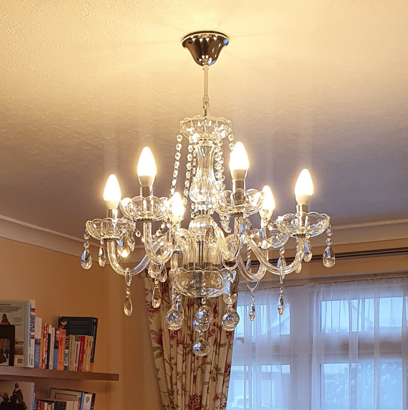 Maria Theresa Crystal Chandelier - 6-Arm Clear K9 Crystal Glass Ceiling Light Fixture | Modern Elegant Pendant Lighting for Dining Room, Living Room, Hallway, Staircase & Bar Decor | 24 Inch Diameter with 24 Inch Height & Chain | Perfect for Weddings, Restaurants and Luxury Home Lighting