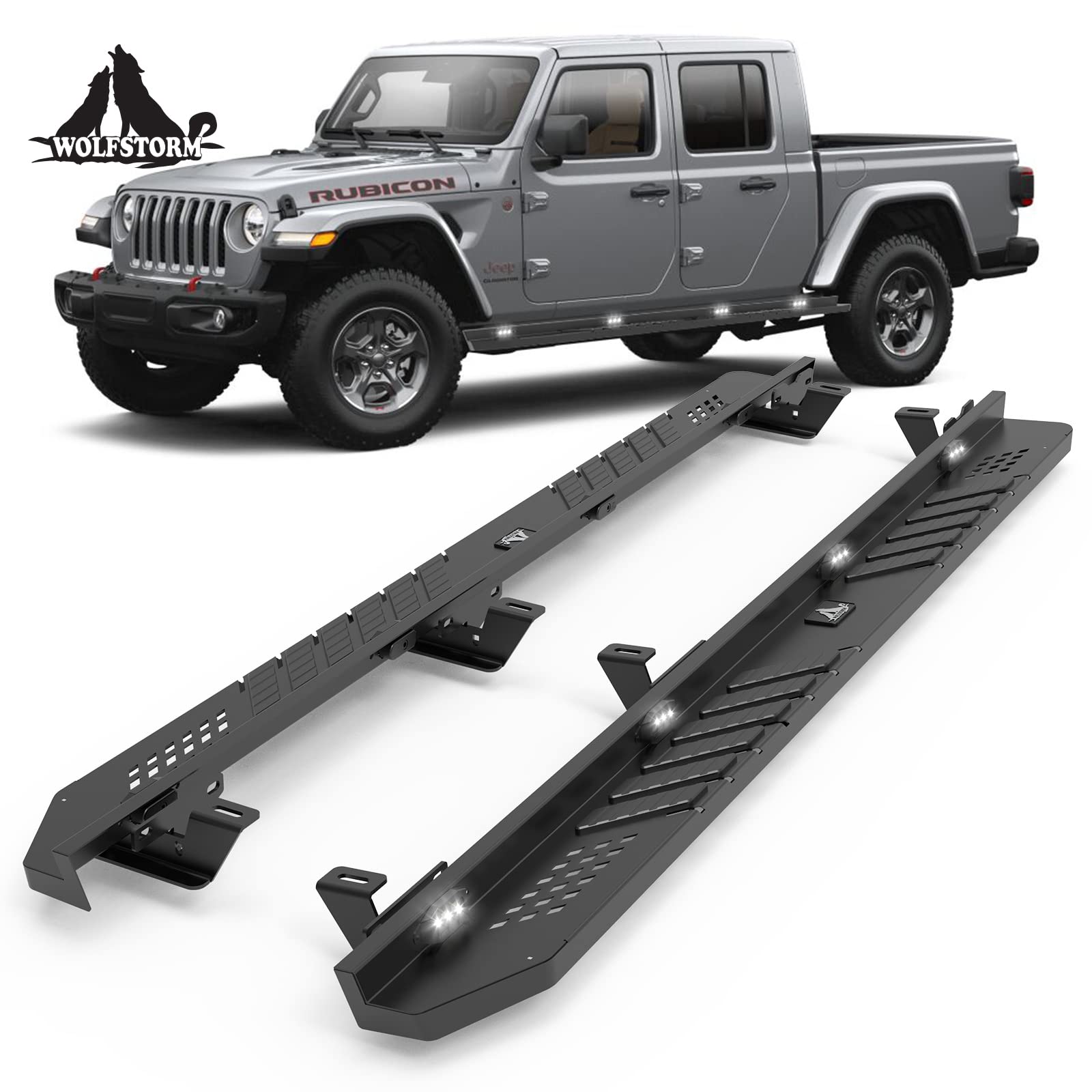 WOLFSTORM Alloy Steel Running Boards with LED Lights for 2019-2022 Jeep Gladiator JT 4 Door - Side Step Nerf Bars Replacement Accessories - Perfect for Off-Roading, Daily Driving & Truck Customization