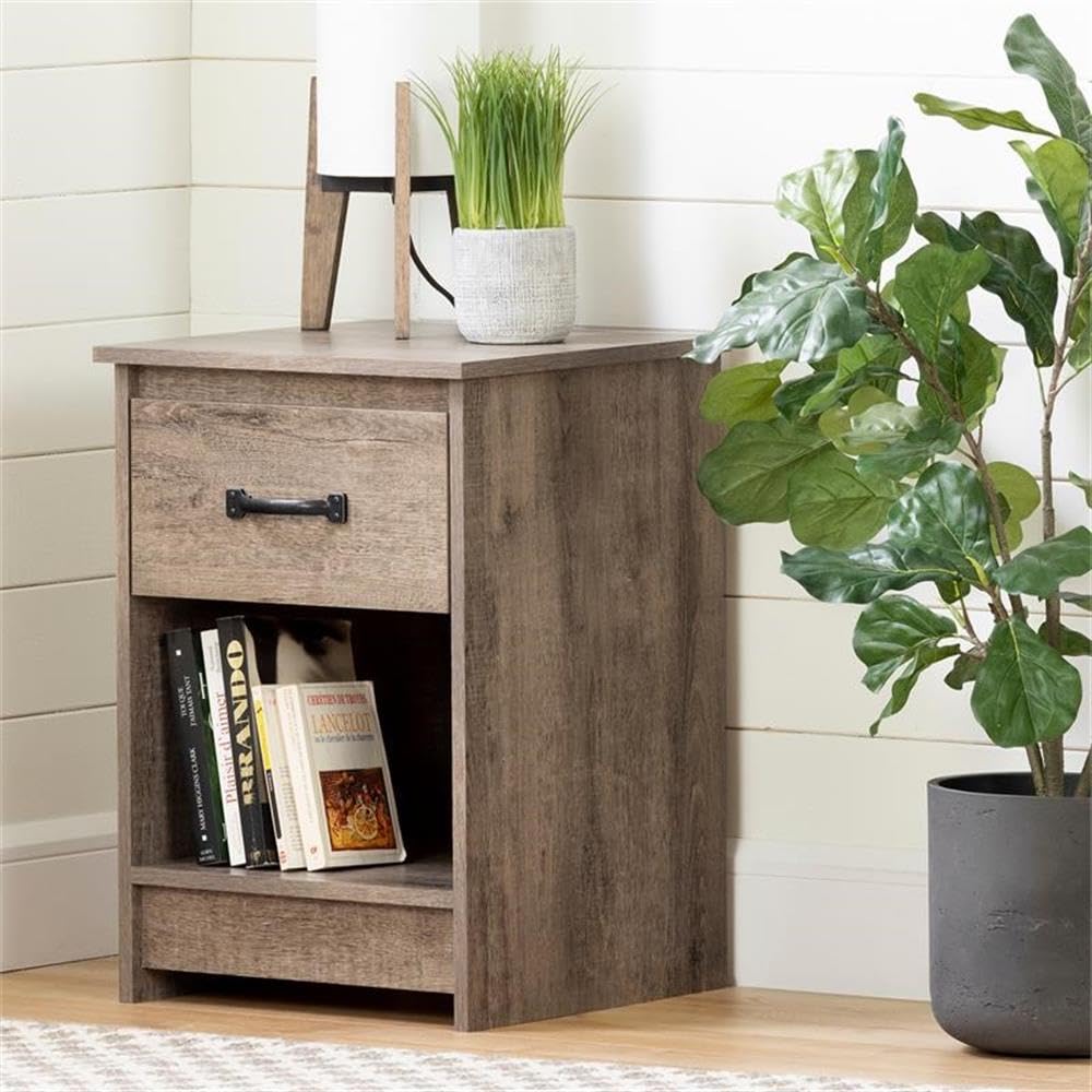 Weathered Oak Wood Nightstand Set of 2 with 1 Drawer - Home Square Tassio Bedside Table for Bedroom, Living Room & Office Storage
