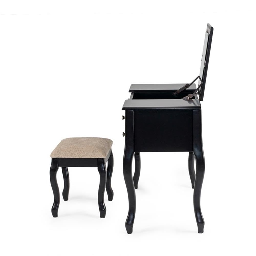 BOWERY HILL Black Wooden Vanity Set with Stool and Mirror - Elegant Dressing Table for Bedroom, Bathroom & Makeup Area - Perfect for Home Decor & Vanity Organization