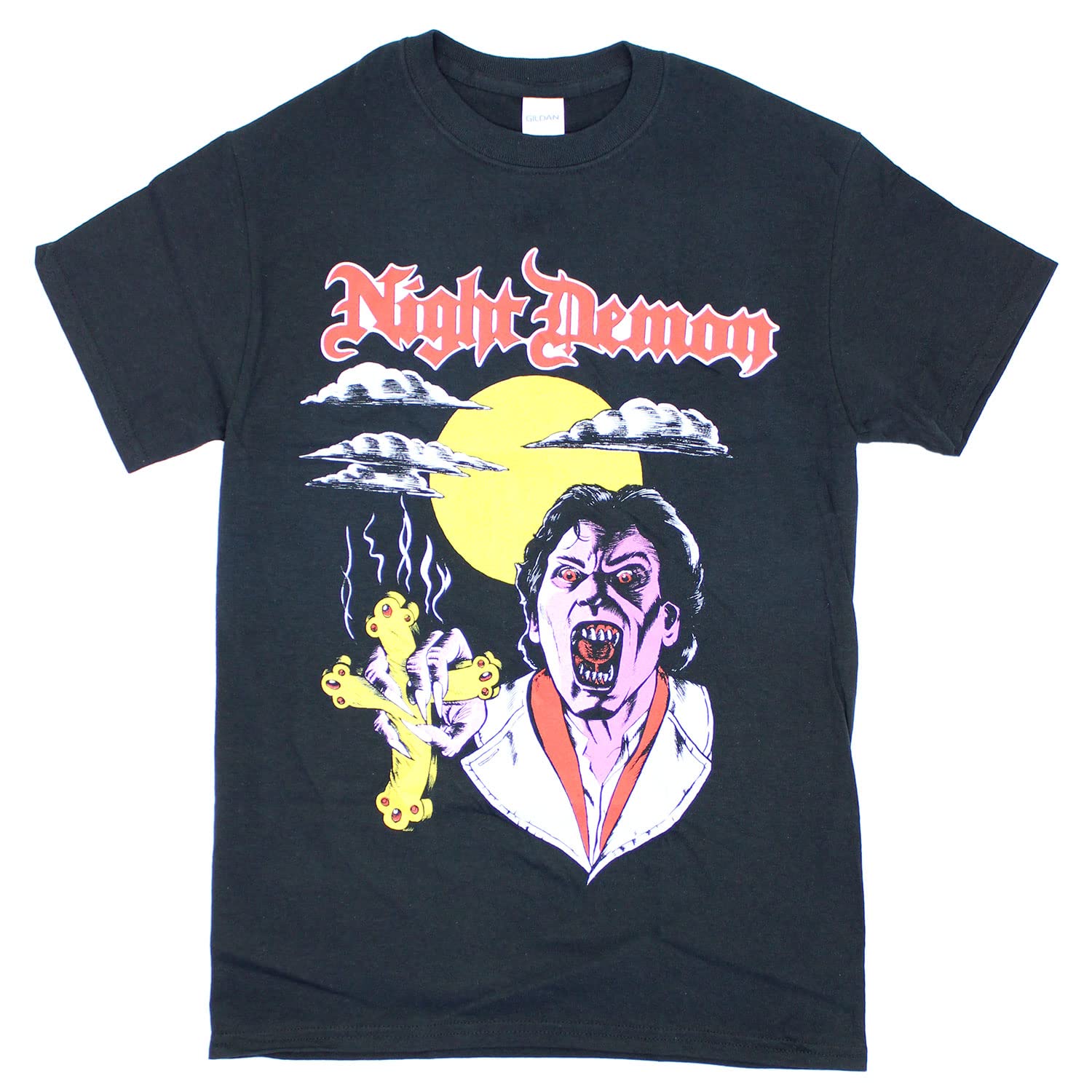 Night Demon Men's Fright Night Horror Graphic T-Shirt - Black Cotton Tee for Halloween, Cosplay & Metal Concerts