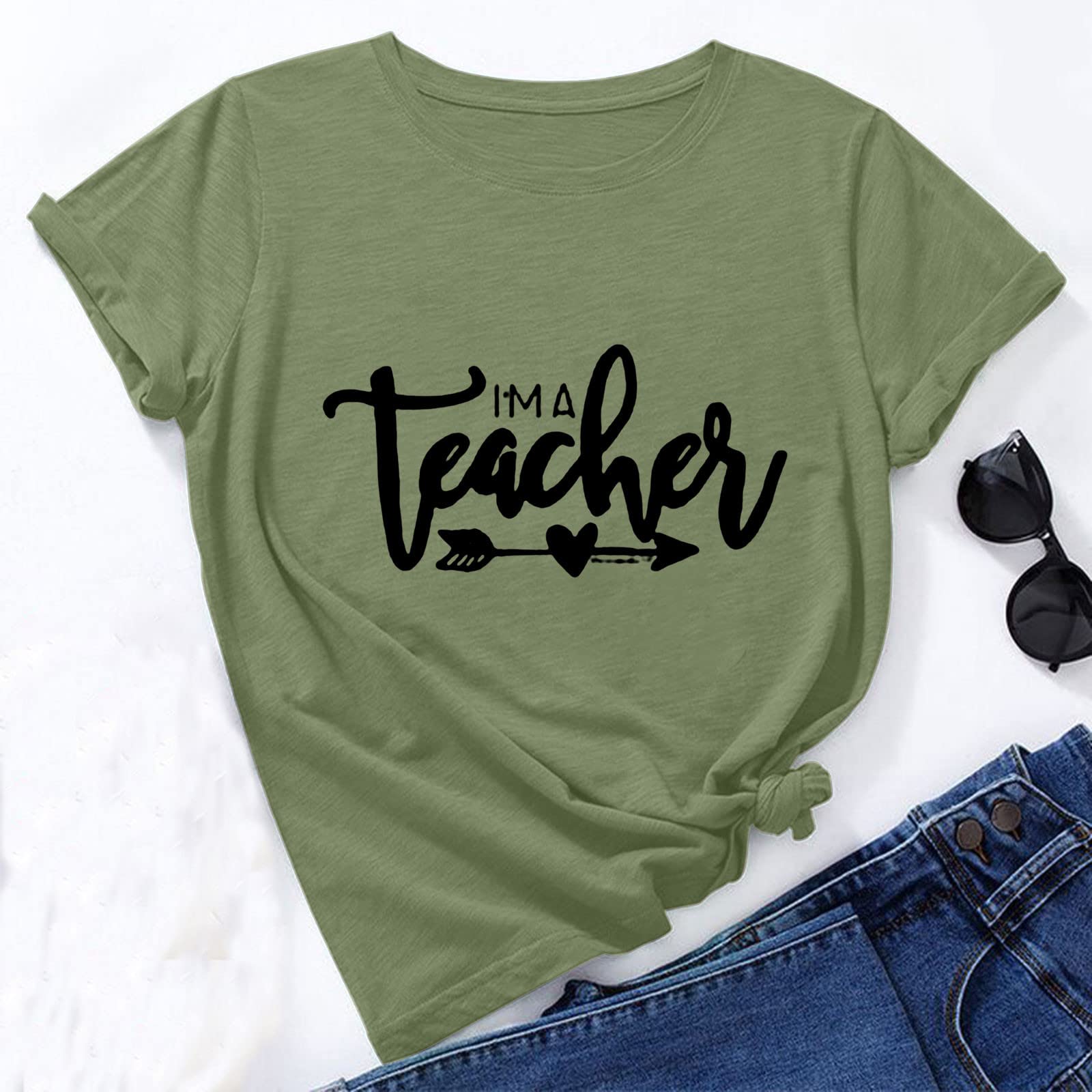 Oelaio Women's Fashion English Teacher T-Shirt - Loose Fit Round Neck Short Sleeve Pullover with Cute Print - Perfect for Teacher's Day, Classroom Wear & Casual Outfits