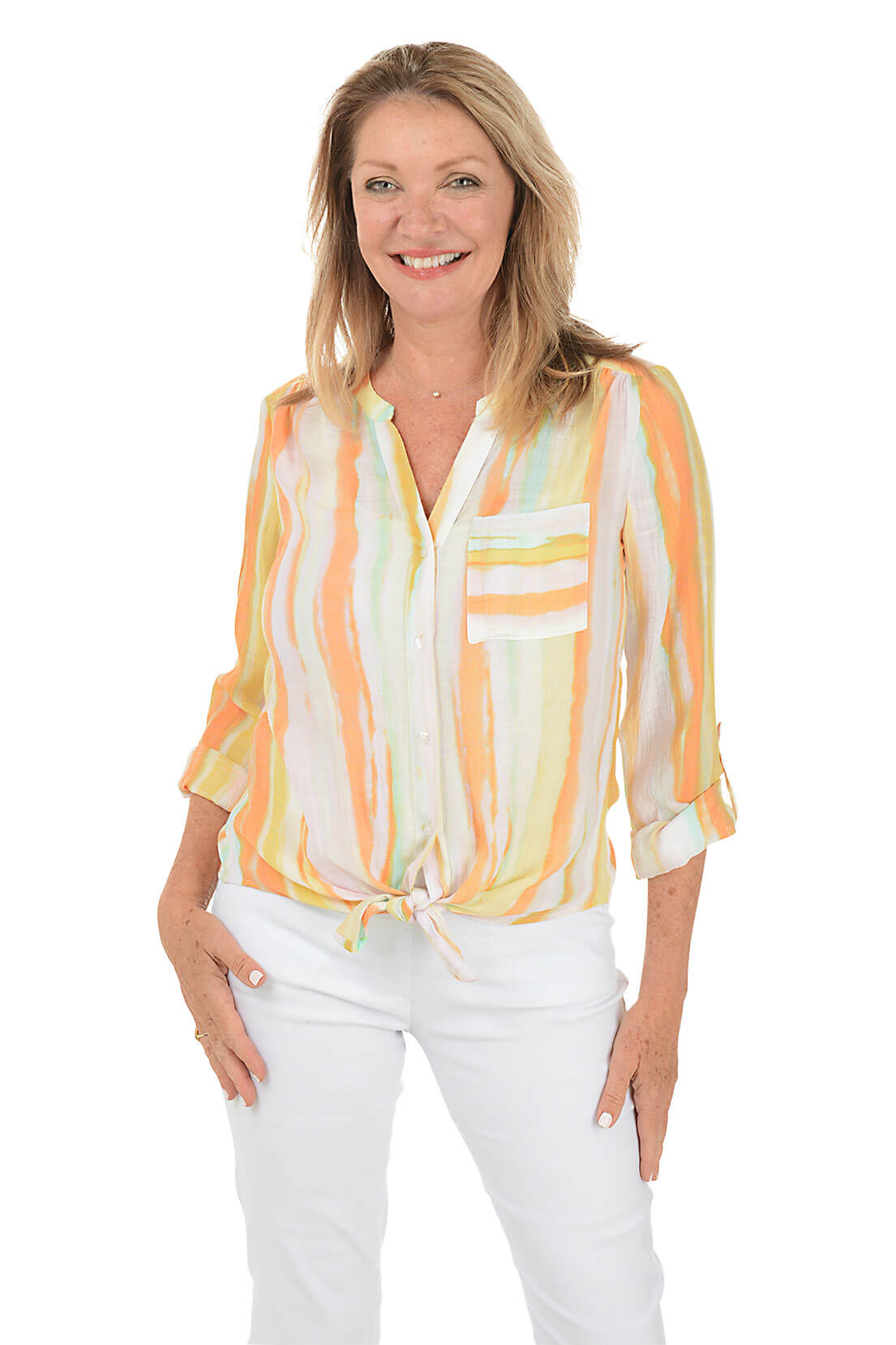Habanero Stripe Button Front Blouse for Women - Stylish Casual & Office Wear - Perfect for Work, Dates & Everyday Outfits