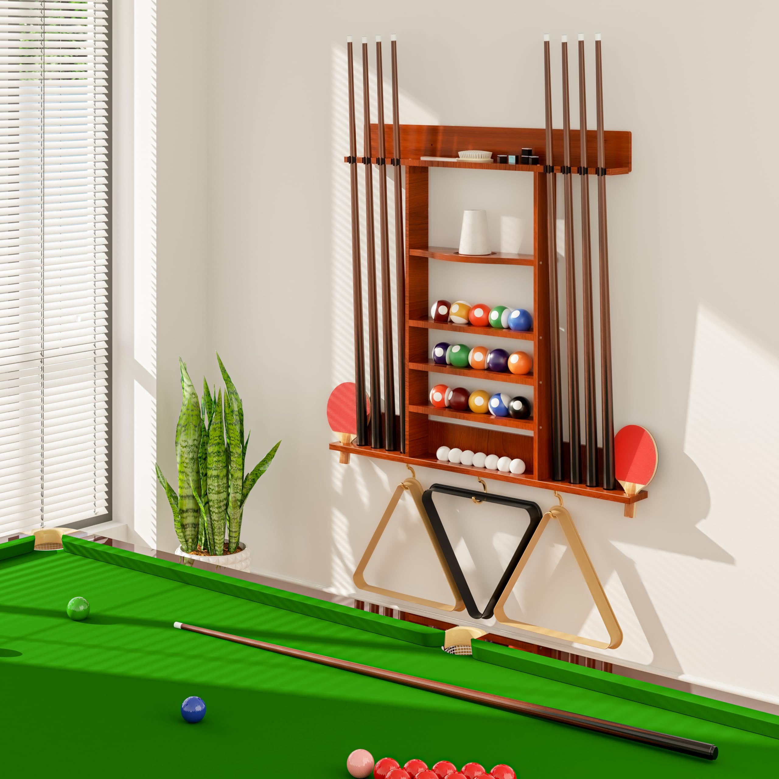 8-Slot Wall Mount Pool Cue Rack & Ping Pong Paddle Holder - Solid Wood 2-in-1 Billiard Accessory for Game Room, Bar, or Man Cave (Classic Burgundy) - Perfect for Organizing Cues & Paddles in Style