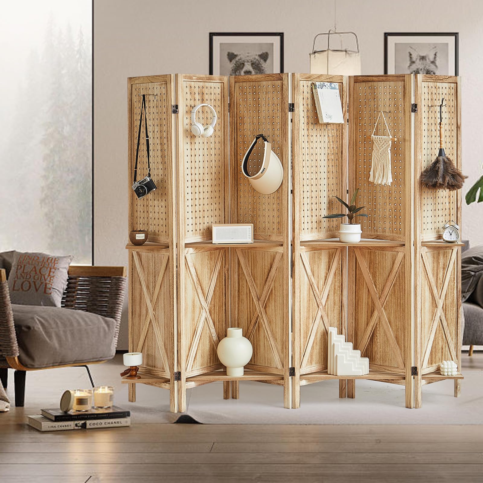 6 Panel Wooden Room Divider with Shelves - Foldable Privacy Screen & Pegboard Display for Home & Office - Natural Wood Wall Partition for Bedroom, Living Room, Retail Store (Easy to Move & Assemble) - Perfect for Space Separation, Organization & Stylish Room Decor