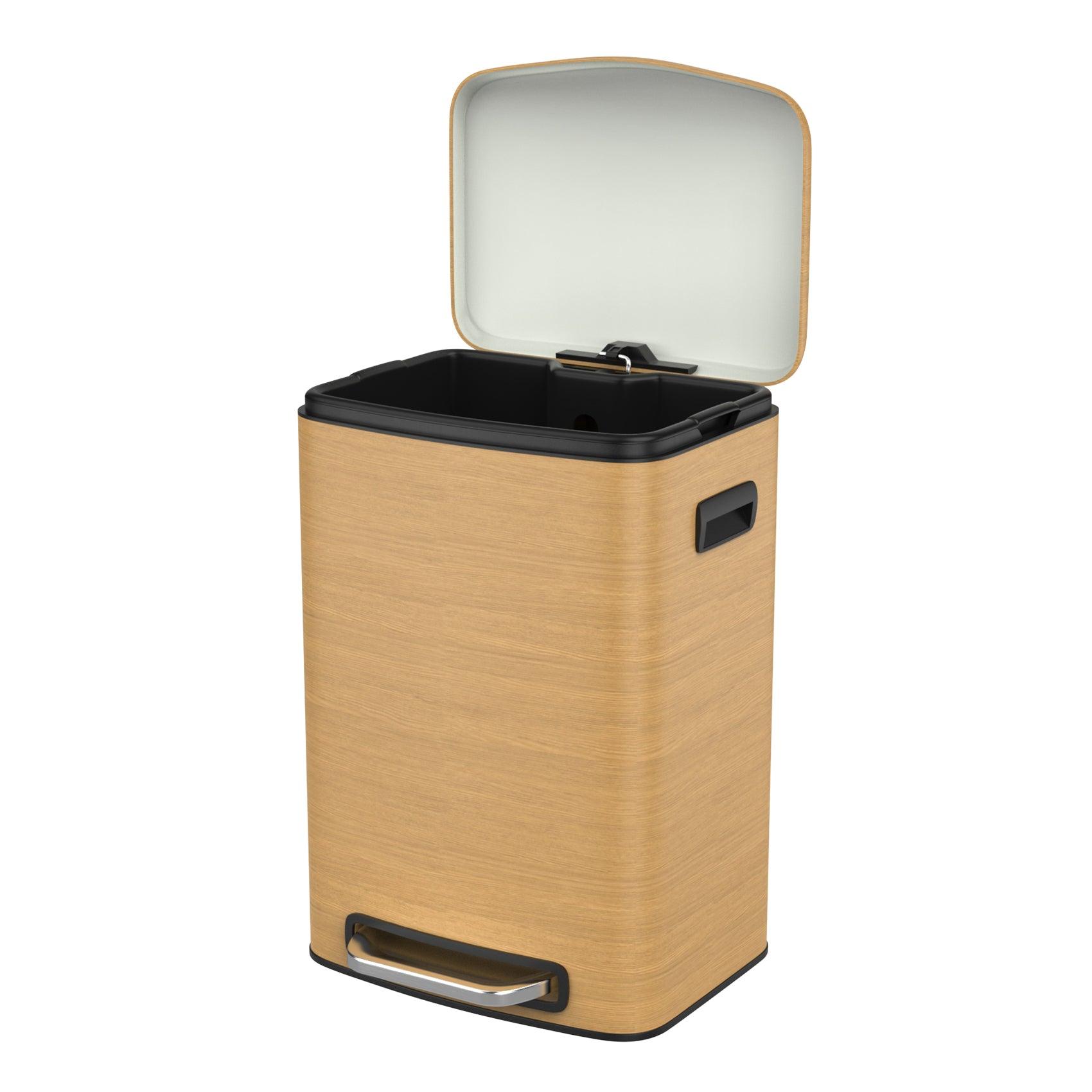 13 Gallon 50L Stainless Steel Rectangular Trash Can with Foot Pedal - Soft Close Lid, Wood Texture Design - Includes 30 Garbage Bags - Perfect for Kitchen, Office, or Bathroom Waste Disposal