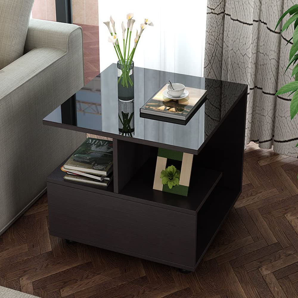 3-Tier Modern Side Table with Glass Top & Storage - Multifunctional Nightstand, End Table with 4 Removable Wheels for Bedroom, Living Room (50x60x60cm, Black) - Perfect for Small Spaces, Apartment Decor & Bedside Organization
