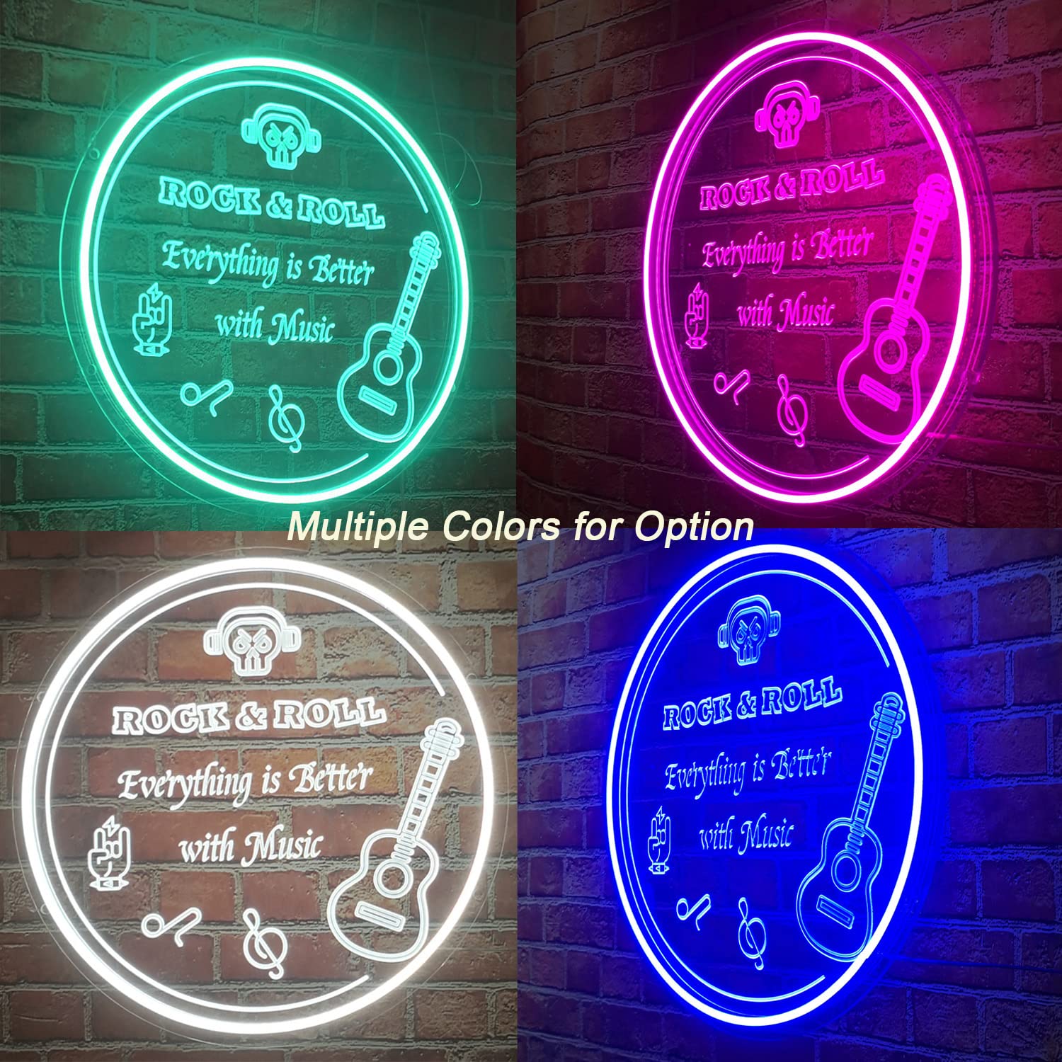 Custom Rock Roll Neon Sign - Personalized LED Guitar Music Wall Decor for Home, Bar & Club | 12V Plug Powered Acrylic Rock Theme Party Lighting (16x16