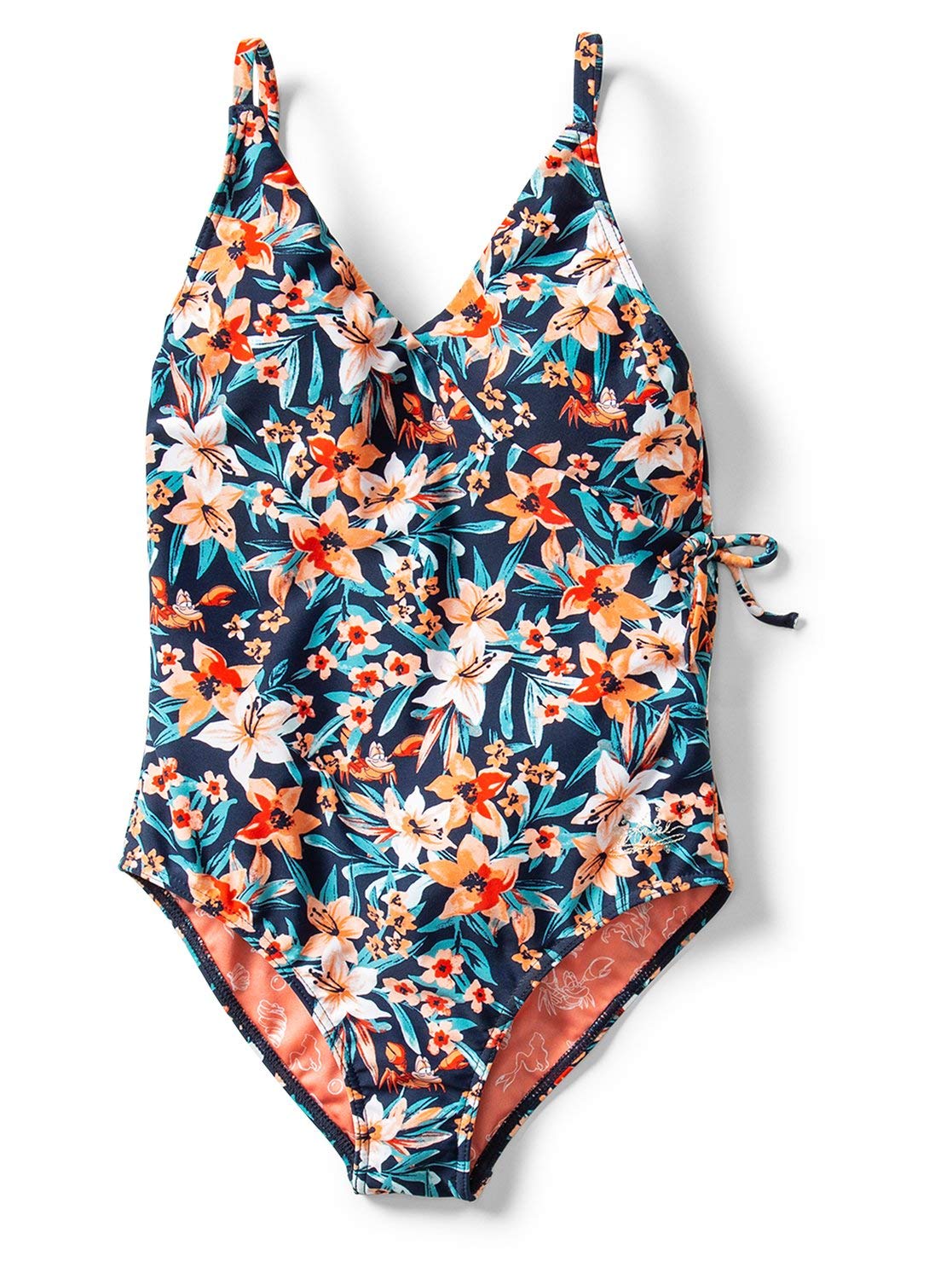 Roxy Kids Girls The Little Mermaid Sebastian Floral One-Piece Swimsuit - Big Kids Size 12 - Blue Floral Print - Perfect for Beach, Pool & Summer Vacations