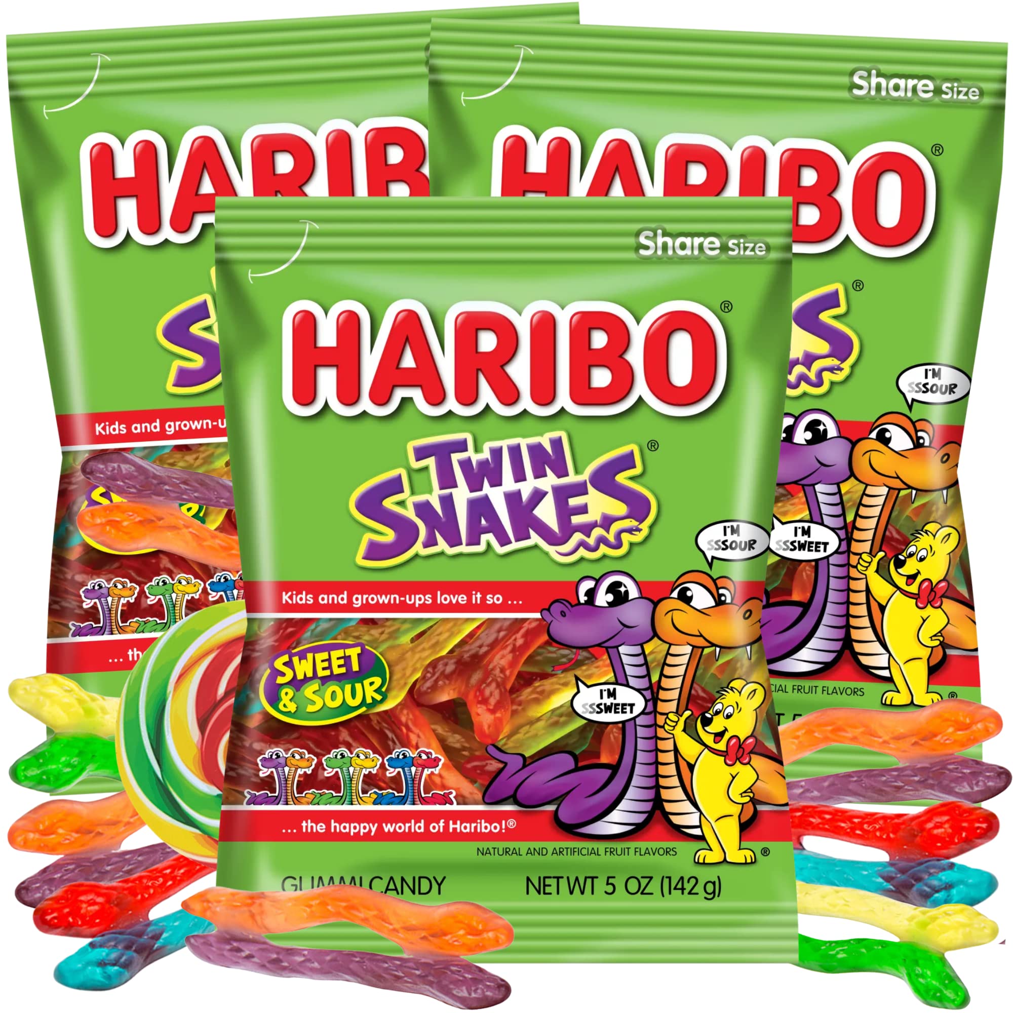 Sweet and Sour Twin Snake Gummy Candy - Chewy Fruit Flavored Gummies (5oz, Pack of 3) | Perfect for Summer Snacks, Ice Cream Toppings & Party Favors | Shareable Bulk Candy for Kids & Adults