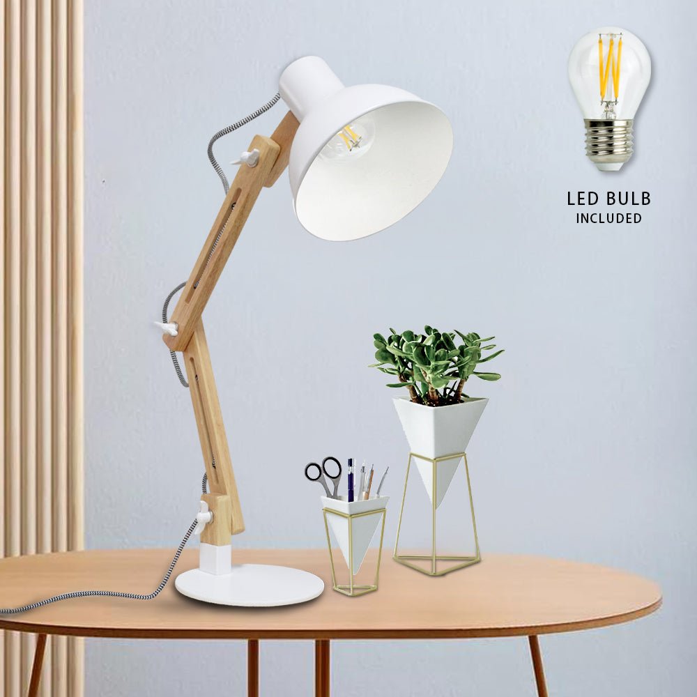 Depuley Swing Arm Desk Lamp - Adjustable Wood Gooseneck Table Light with White Metal Shade (Bulb Included) | Modern Architect Design for Home Office, Study, Bedroom & College Dorm | Perfect Reading Light for Work & Nighttime Use