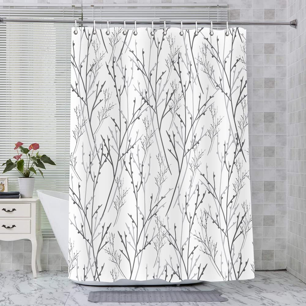 Waterproof 60x72 Inch Grey White Shower Curtain with Branch Plant Design - Elegant Bathroom Decor Set, Machine Washable for Home & Hotel Use - Perfect for Bathrooms, Showers, and Bathtubs