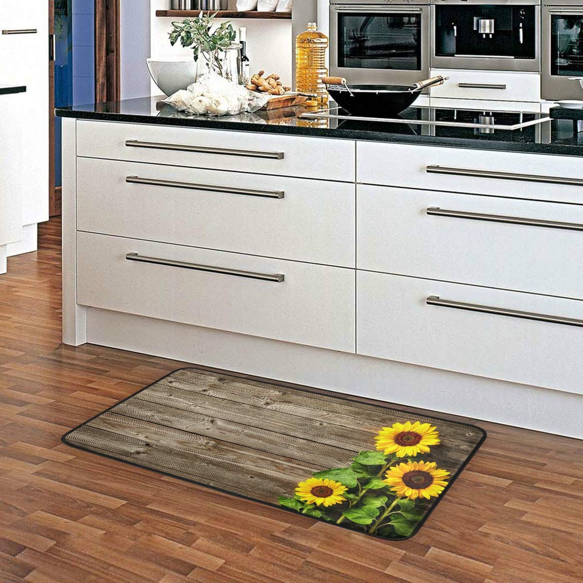 Susiyo Anti-Fatigue Kitchen Rug Mat - Non-Slip Sunflower Design on Wooden Board, Oil & Stain Resistant, Easy Clean Floor Mat for Indoor/Outdoor Use - Perfect for Kitchens, Bathrooms & Entryways