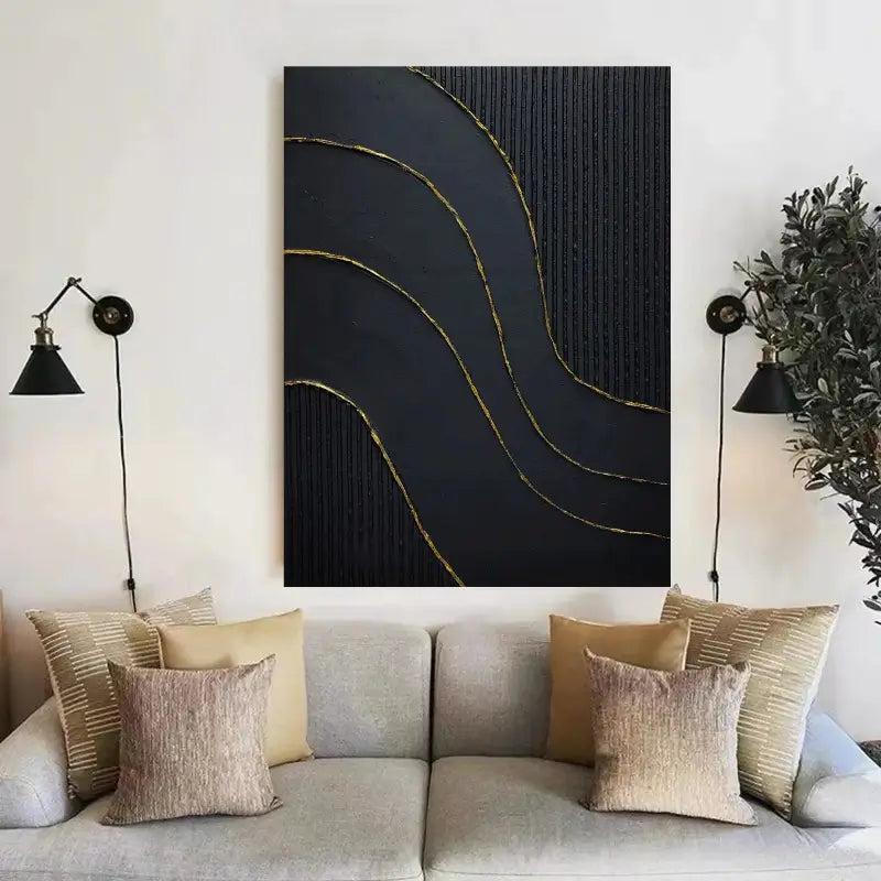 Black Gold Minimalist Textured Abstract Wall Art Painting #MZ011 - Modern Home & Office Decor for Living Room, Bedroom, Dining Area