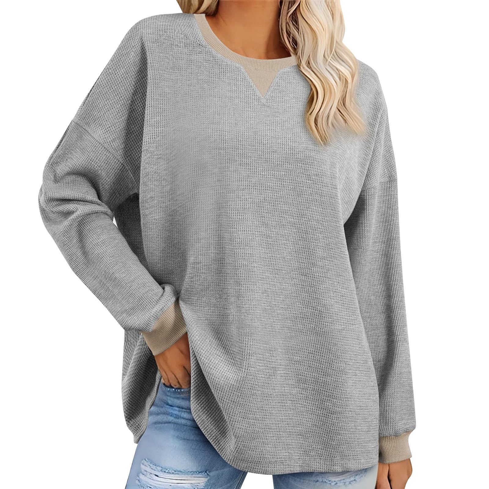 Women's Oversized Waffle Knit Sweatshirt - Soft Long Sleeve Crewneck Pullover Top for Casual Wear | Cozy Fall Fashion Loose Fit | Perfect for Lounging, Coffee Dates & Weekend Outings