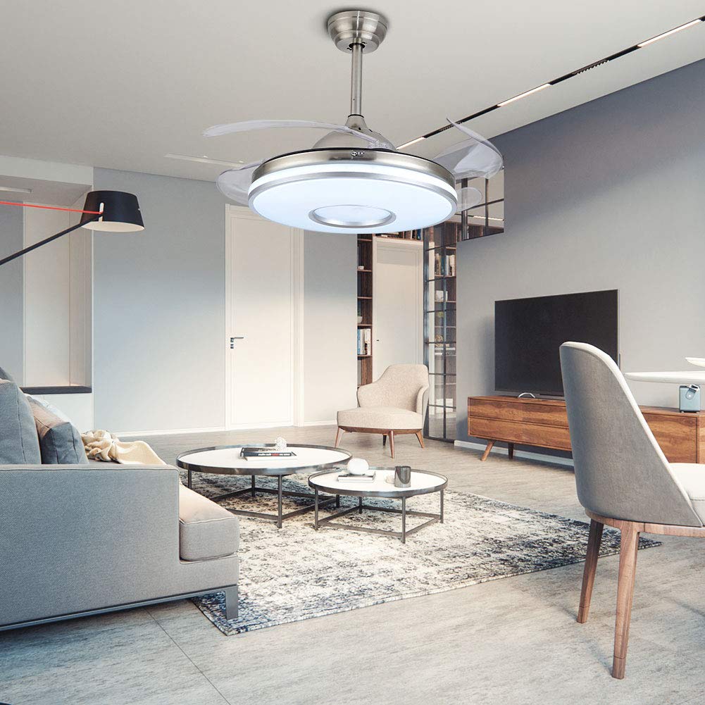 42 Inch Modern Retractable Blade Ceiling Fan with LED Light - Remote Control, Quiet Motor, Energy Efficient - Perfect for Living Room, Bedroom & Indoor Spaces