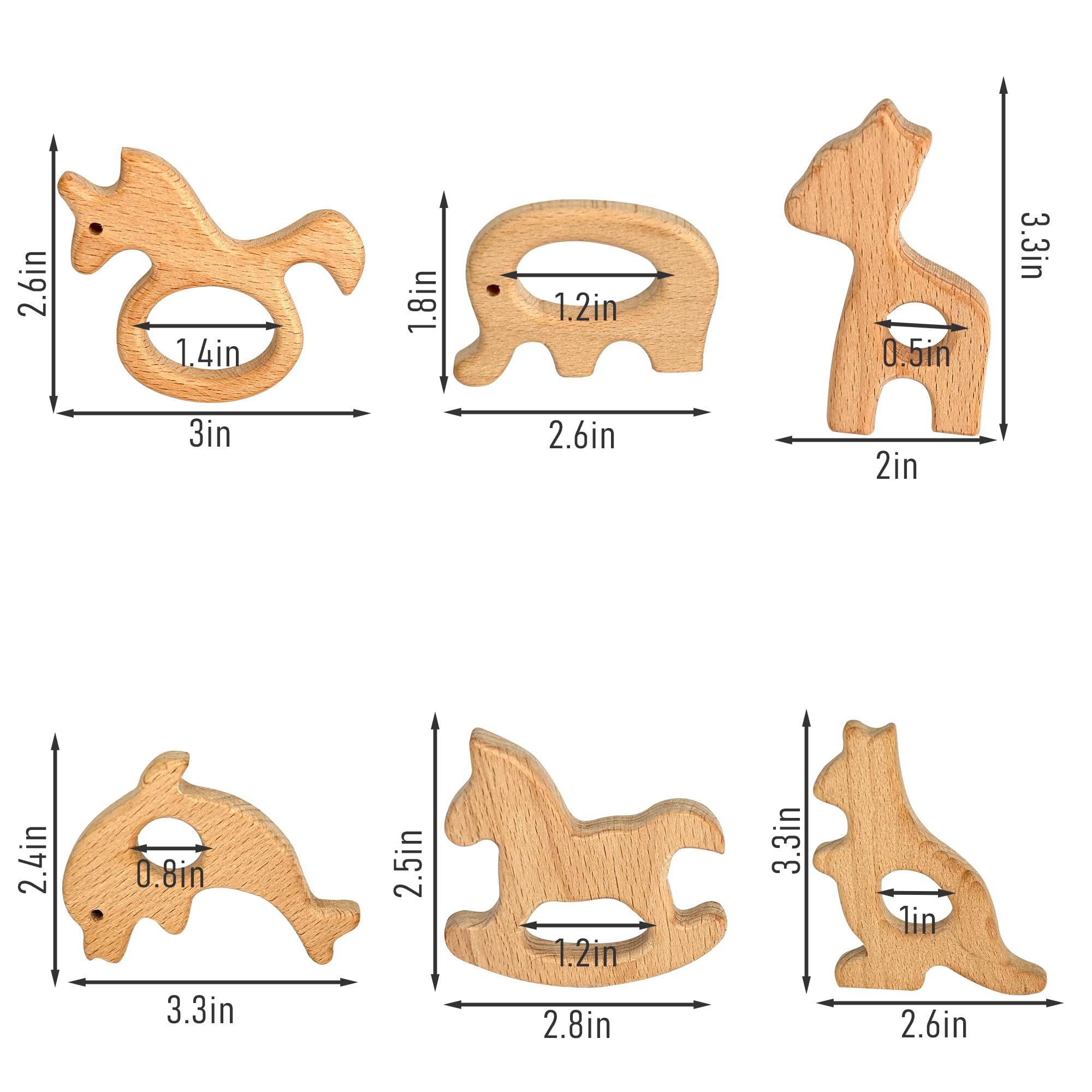 12-Pack Natural Wooden Teether Toys for Babies - Sensory Chew Toys for Teething Relief (Deer, Elephant, Seahorse, Dolphin, Kangaroo, Rocking Horse) | Safe & Non-Toxic Infant Teethers for Soothing Sore Gums - Perfect for Home, Travel & Daycare Use