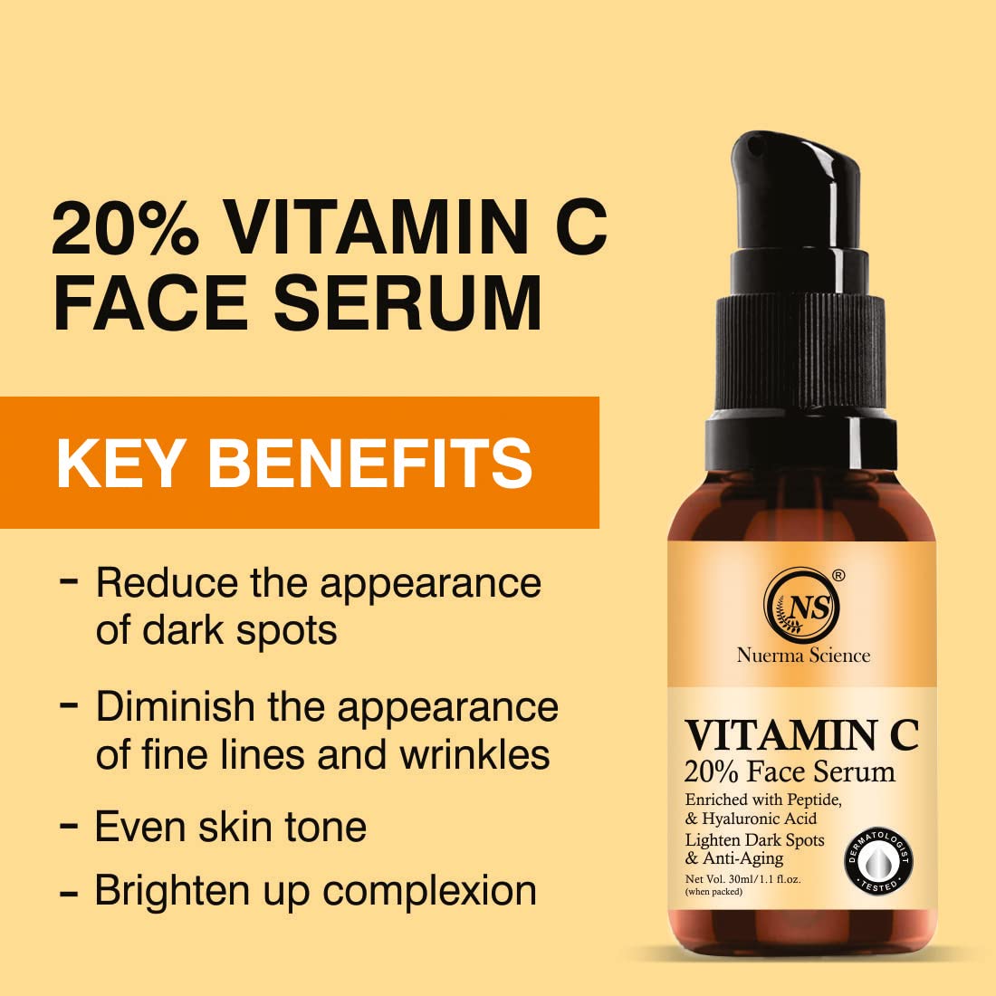 Nuerma Science 20% Vitamin C Serum with Hyaluronic Acid & Vitamin E - Dark Spot Corrector, Anti-Aging Face Serum for Brighter Skin, Reduces Pigmentation & Wrinkles (30ml) - Perfect for Morning Skincare Routine & Night Treatment