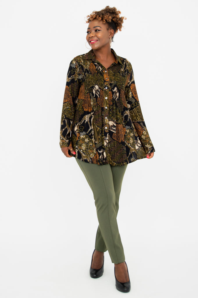 Elegant Long Sleeve Blouse with Elephant Print - Women's Fashion Top for Casual Wear, Office & Date Night