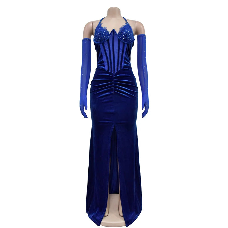 Elegant Rhinestone Fishbone Mesh Velvet Maxi Dress for Women - Halter Lace Up Sexy Long Party Gown with Front Split & Gloves | Perfect for Evening Events, Prom, Wedding Guest & Special Occasions