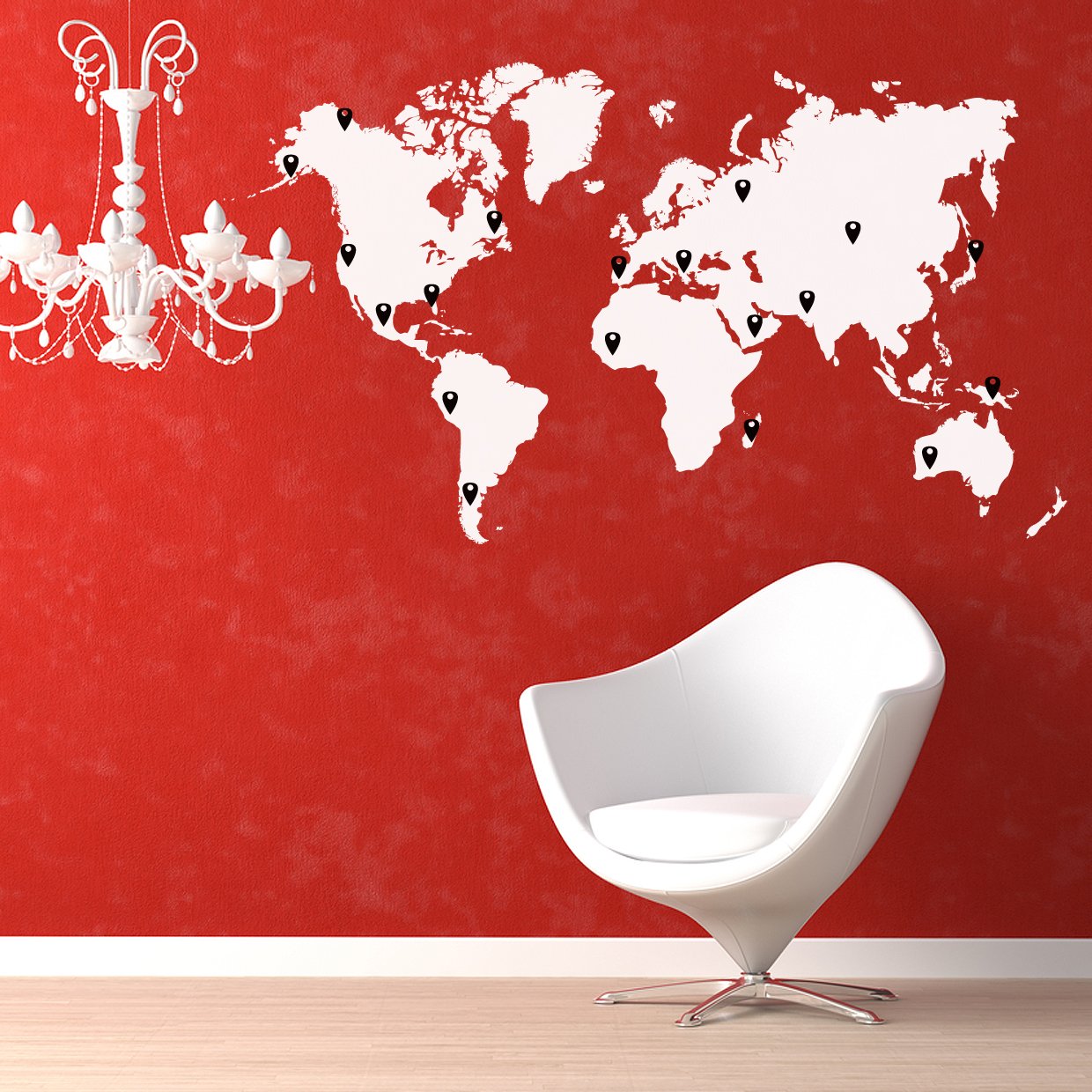 Stickerbrand World Map Wall Decal with 224 Pins - White Map with Red, Black, White & Grey Pins, 60