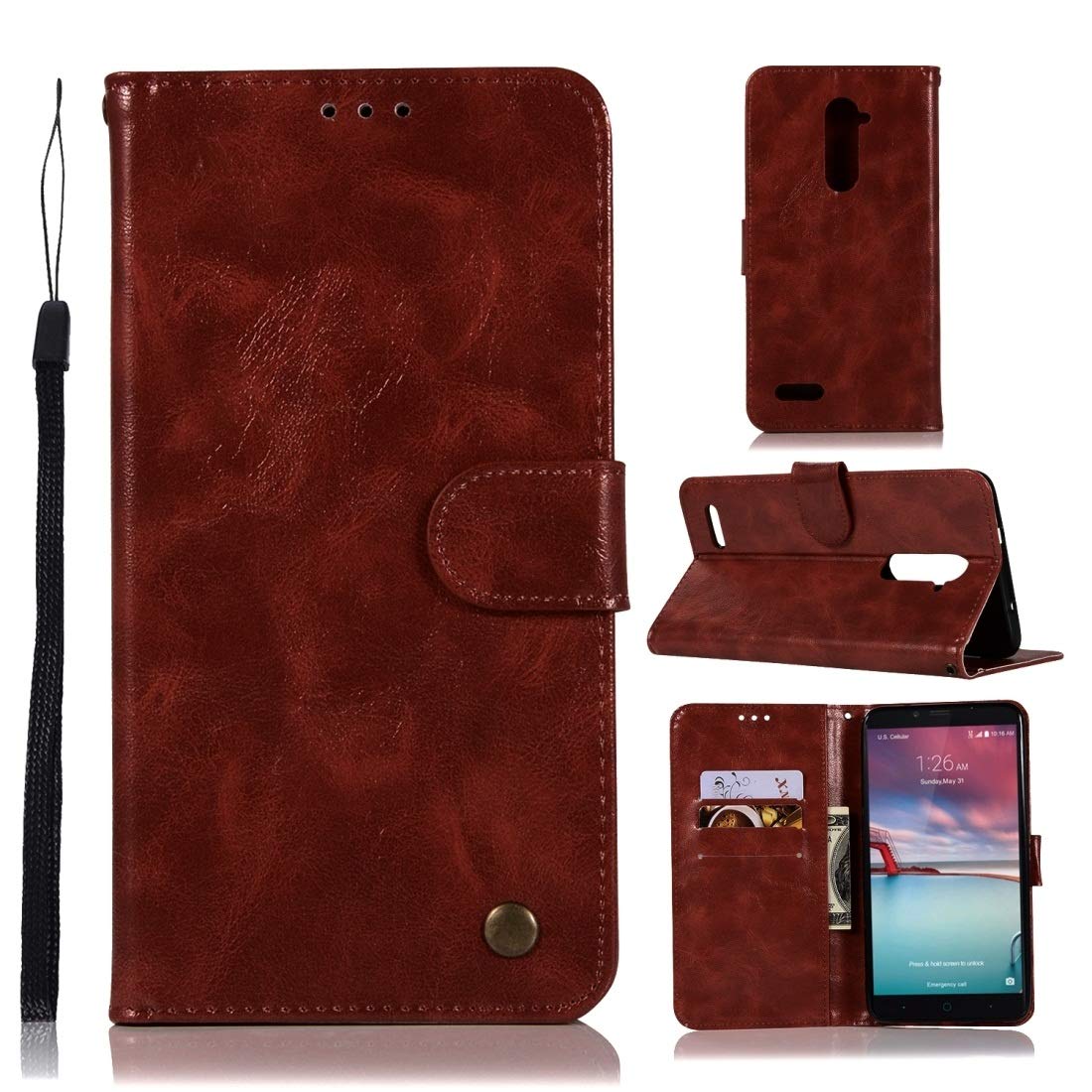 Premium Retro Copper Button Crazy Horse PU Leather Flip Case for ZTE Zmax Pro / Z981 - Wallet Design with Card Slots, ID Holder & Lanyard (Wine Red) - Perfect for Daily Use, Travel & Business Meetings