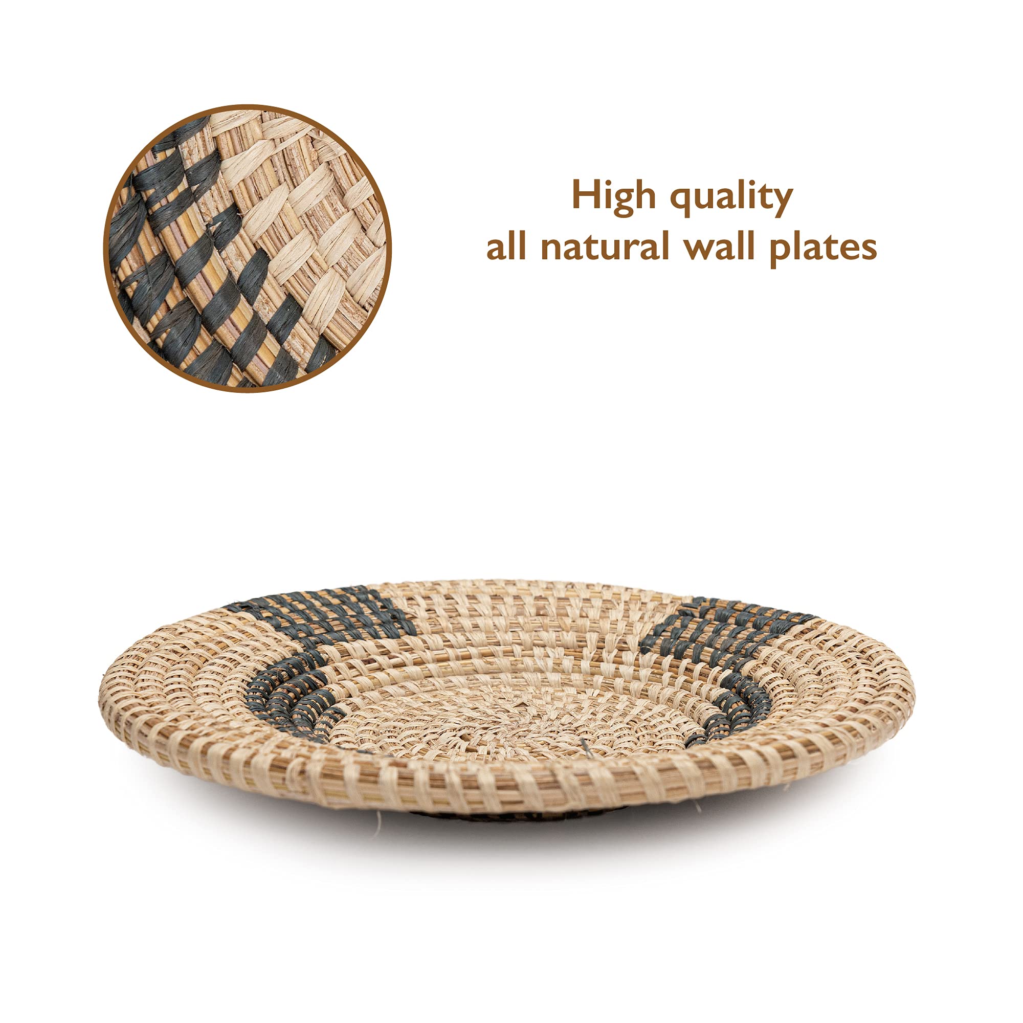 All Across Africa Boho Wall Plate Set of 3 - Natural Raffia Woven Wall Basket Decor with Easy Hang Loops, Dark Gray Castlerock | Perfect for Living Room, Bedroom, or Office Boho Decor