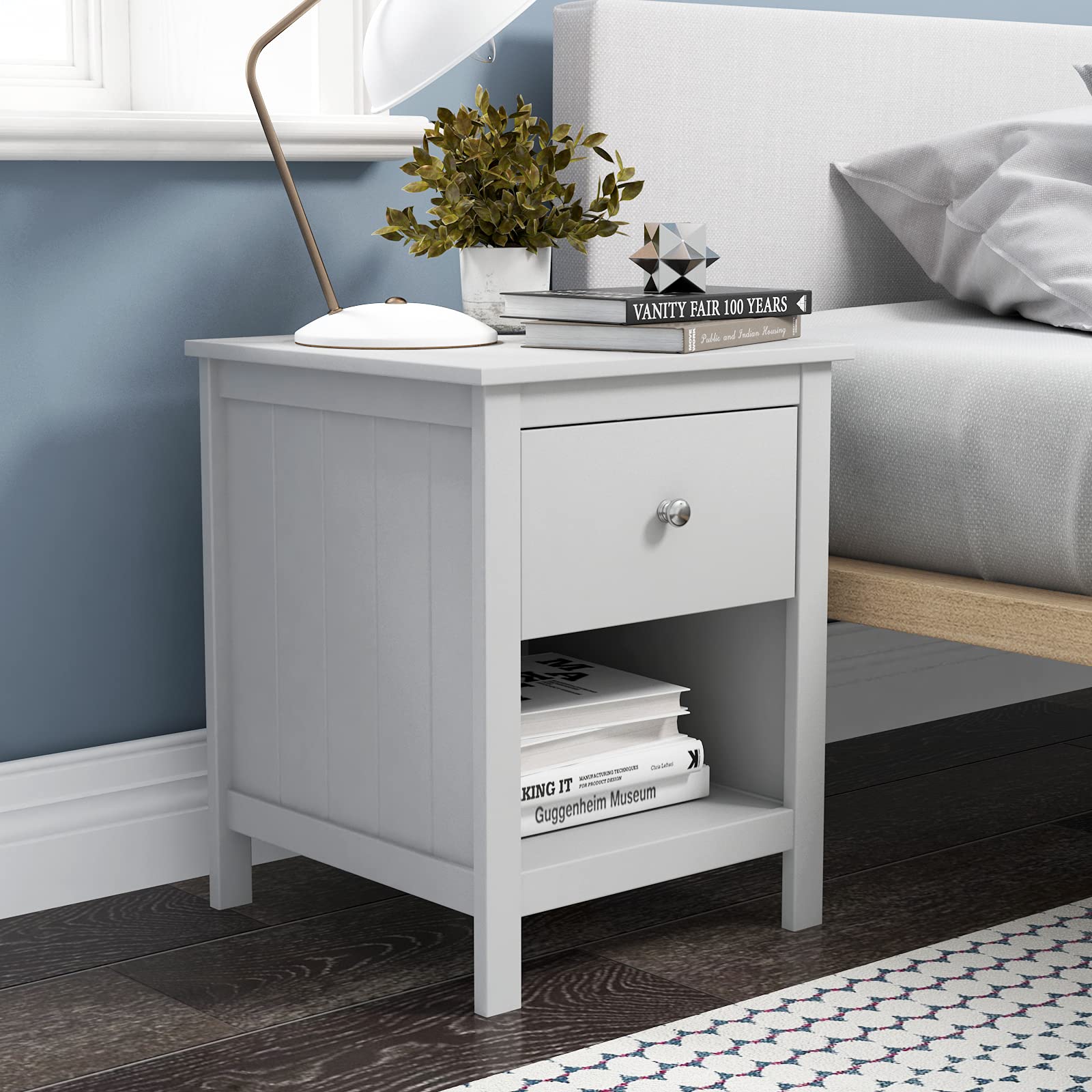 RAAMZO Modern Grey Nightstand with Drawer and Open Shelf - 22 Inch Tall Bedside Table for Bedroom, Living Room & Office - Perfect for Storing Books, Lamps & Bedroom Essentials