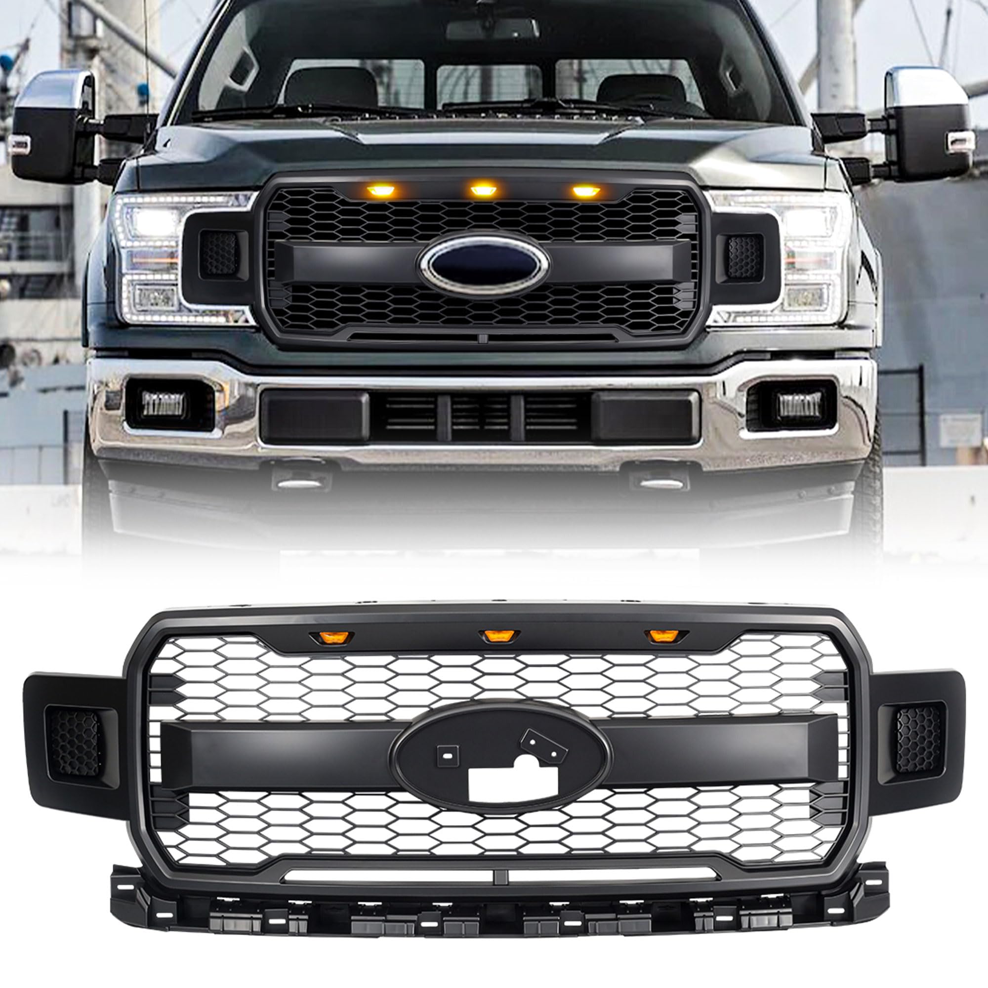 Raptor Style Mesh Grille with Amber LED Lights & Emblem Base for 2018-2020 Ford F150 | Matte Black | Off-Road & Street Upgrade | Enhanced Style & Durability