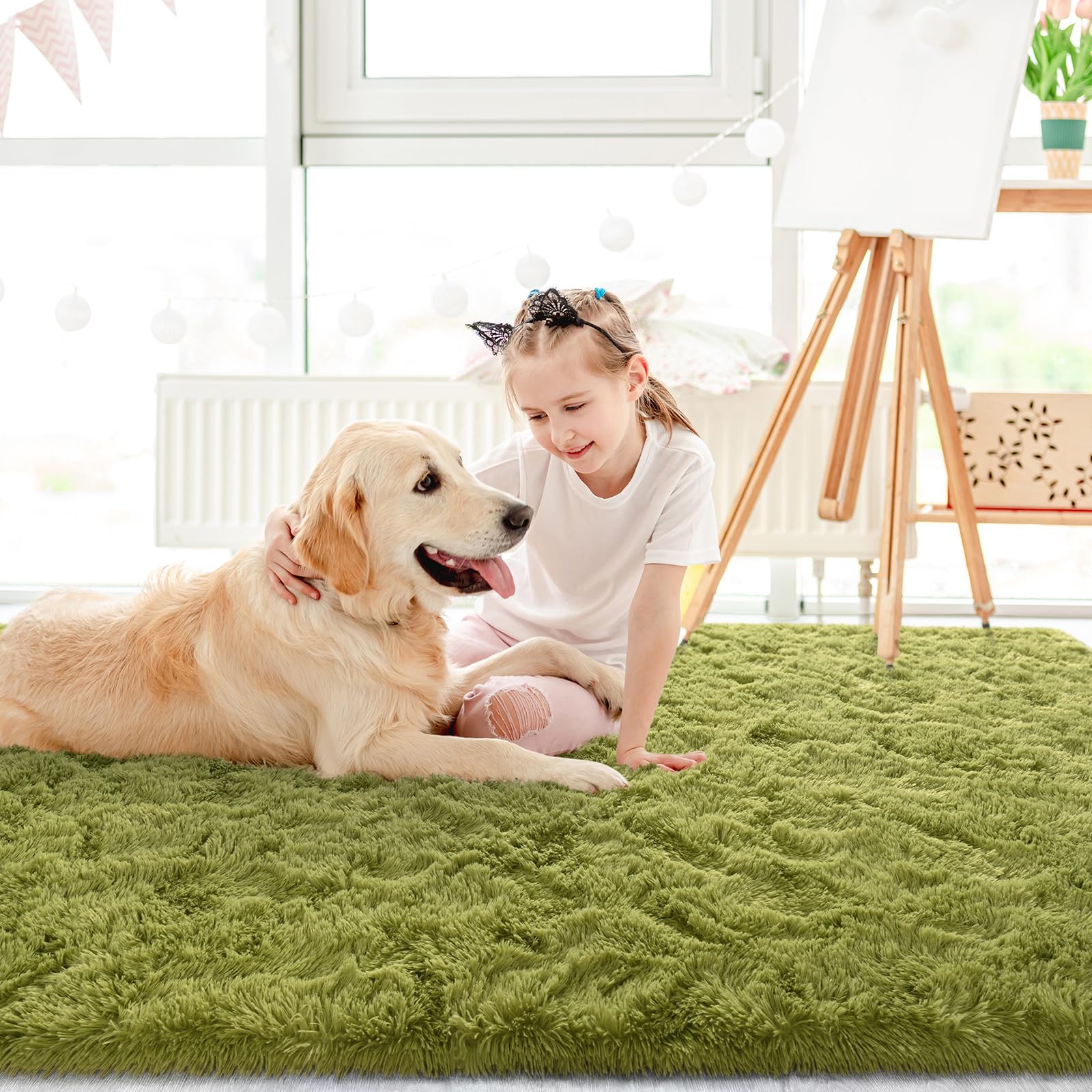 LOCHAS Fluffy Green Shaggy Area Rug 2.6' x 5.3' Oval - Ultra Soft Bedroom Rug for Bedside, Living Room Carpet, Kids Room Decor & Girls Home Accessories - Perfect for Cozy Spaces, Nursery, Dorm & Apartment Flooring