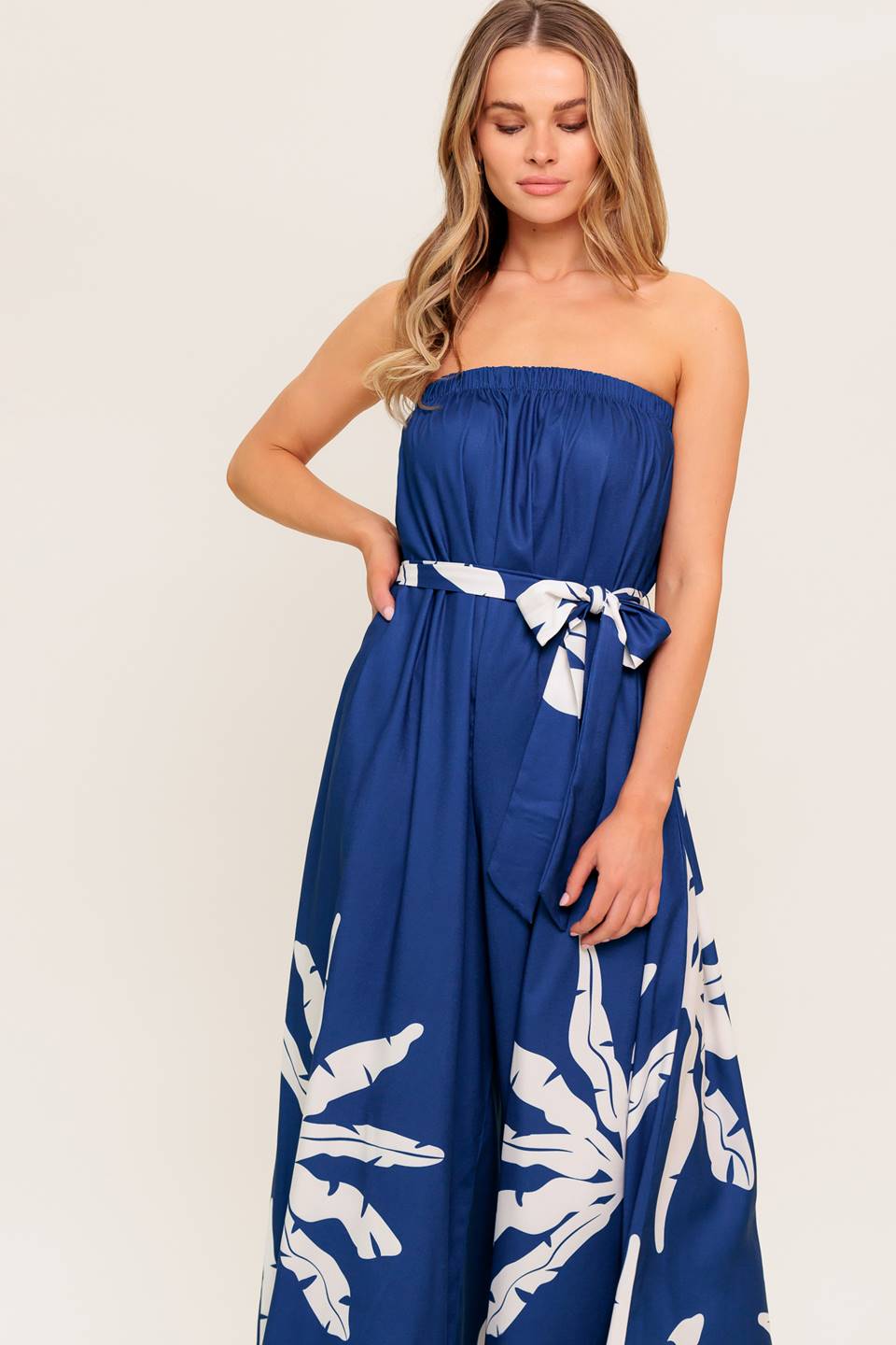 NOLANI Strapless Jumpsuit for Women - Navy & White Floral Print Romper, Summer Beachwear, Party Outfit, Vacation Dress